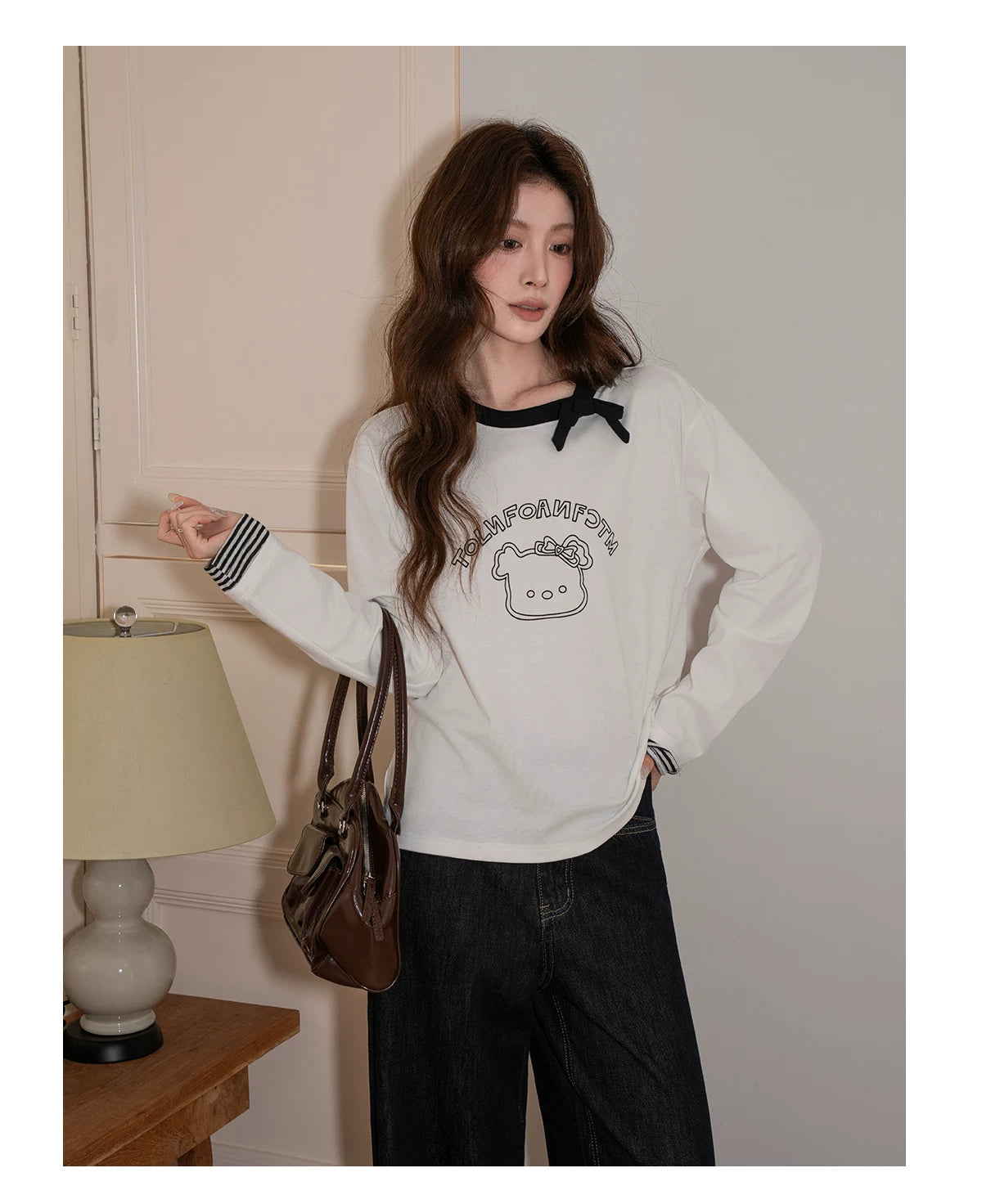 XUJING Bow Crew Neck Print Splicing Long Sleeve
