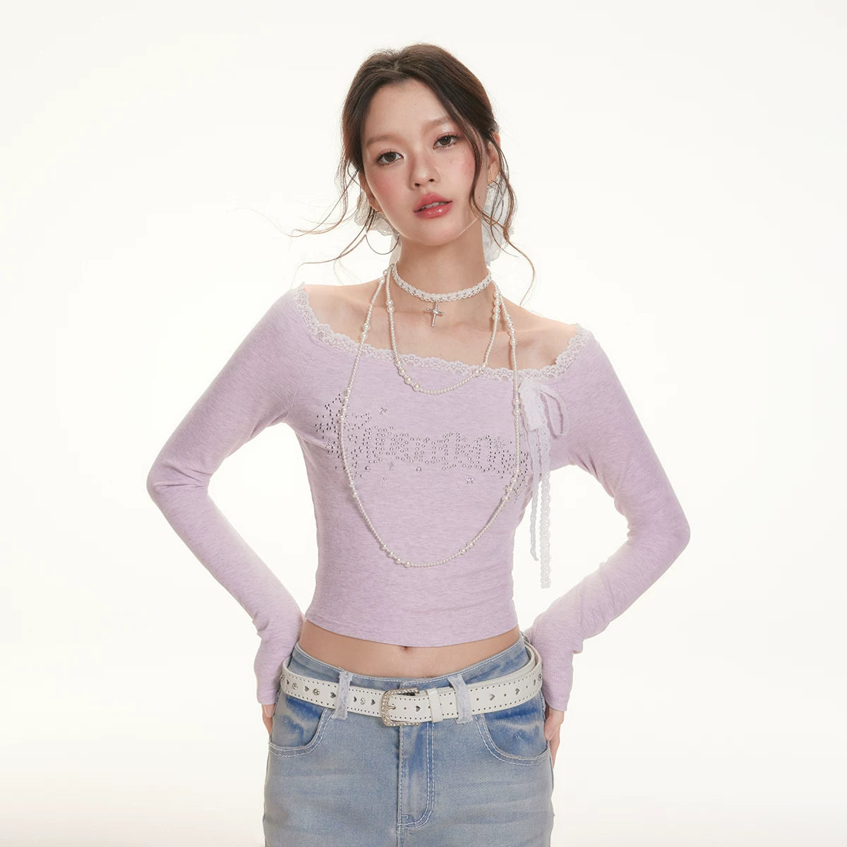 Imone Letter Iron Nail Lace Splicing Short Tee