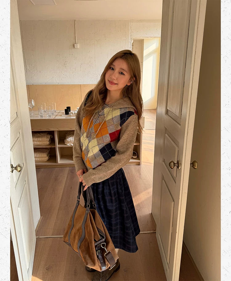 CCYE Vintage Rhombus Hooded Sweater Knitted Cardigan Jacket
