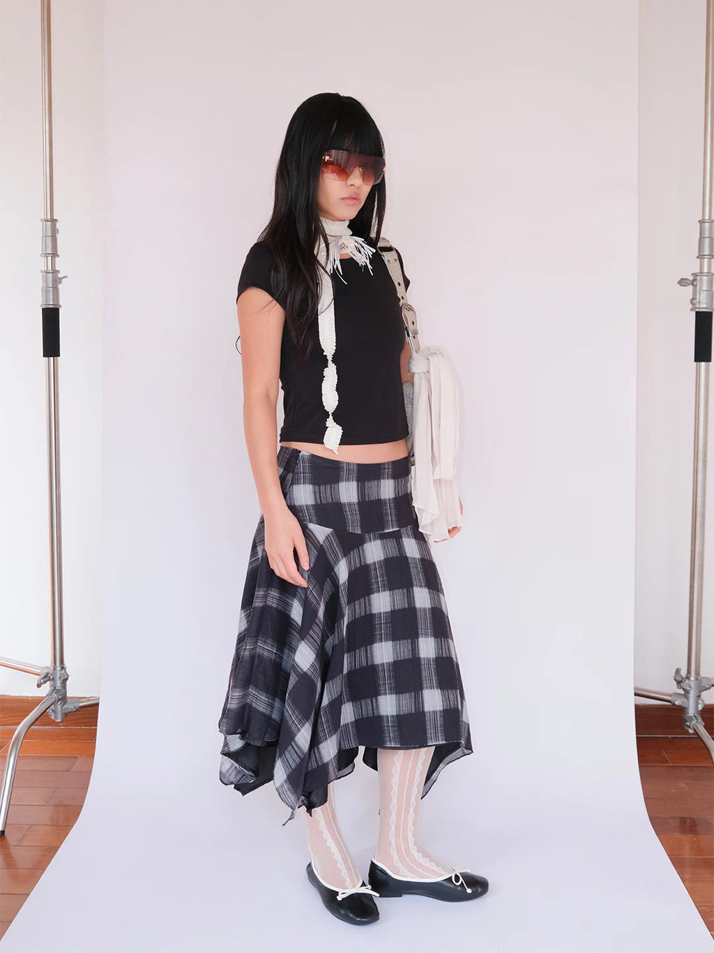 FUNKYFUN Plaid Irregular Hem Mid-length Skirt