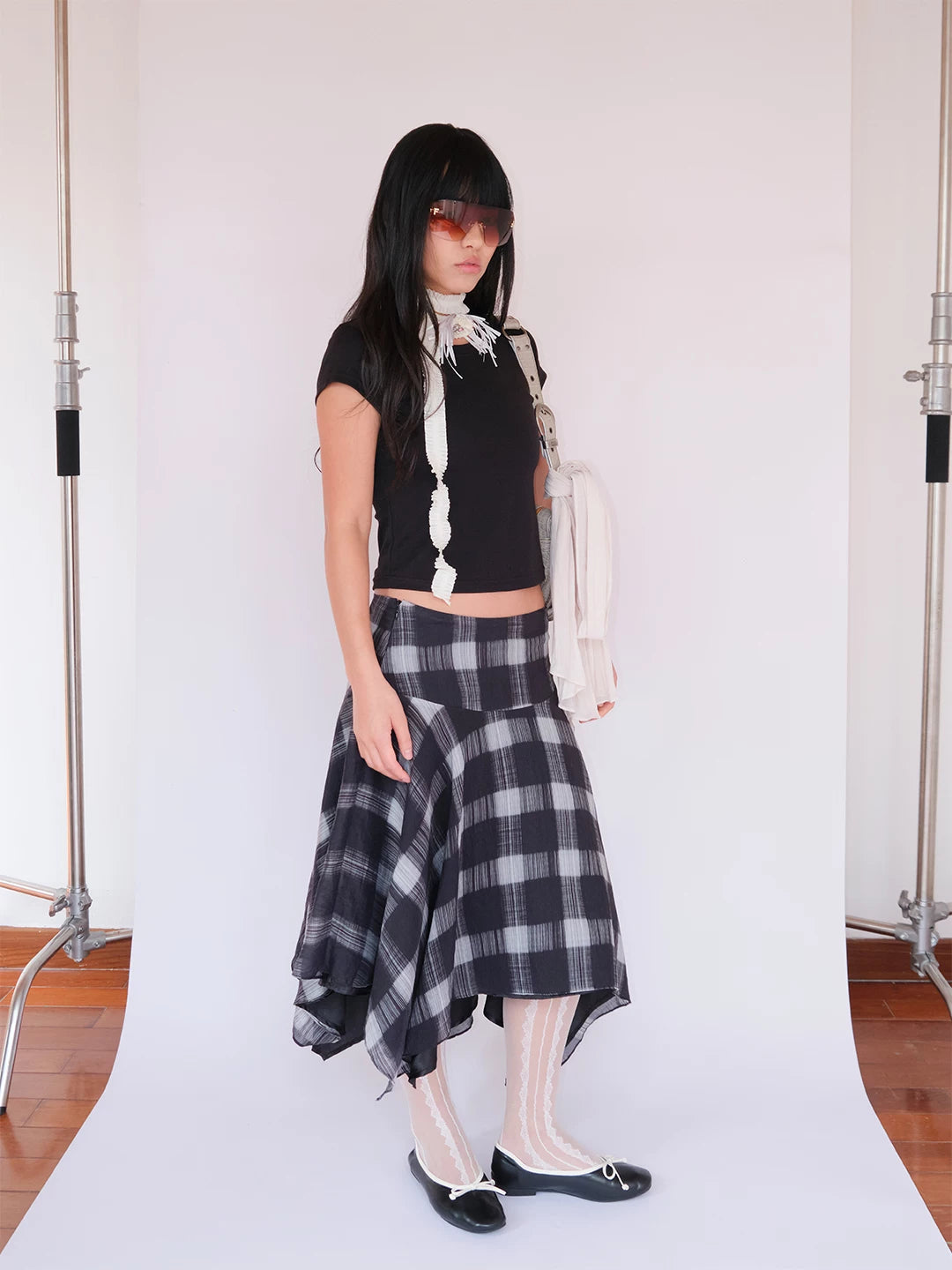 FUNKYFUN Plaid Irregular Hem Mid-length Skirt