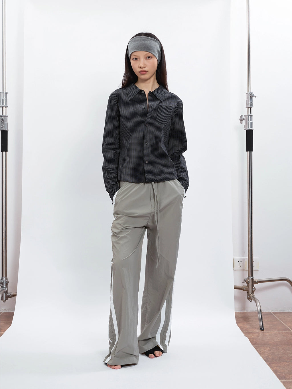 FUNKYFUN Fine Plaid Slim-fit Small Long-sleeved Shirt