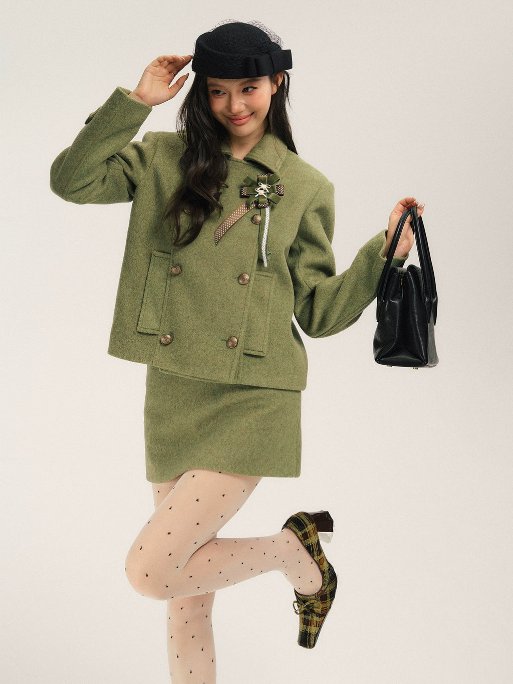 SASSY MOODY Retro Double-breasted Woolen Jacket A-shaped Skirt Set