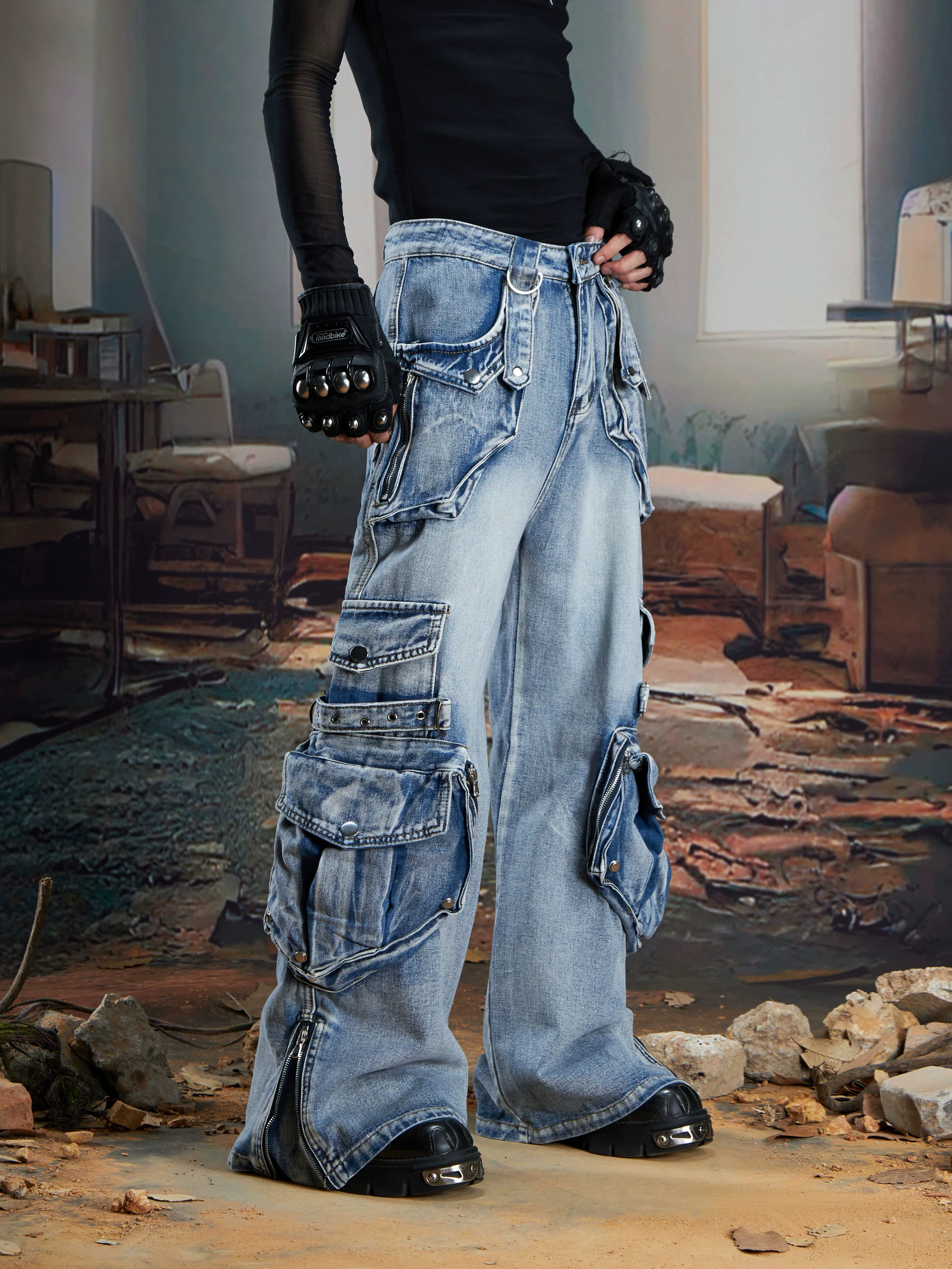 NOMANIAI Heavy Industry Three-dimensional Multi-pocket Deconstruction Splicing Jeans