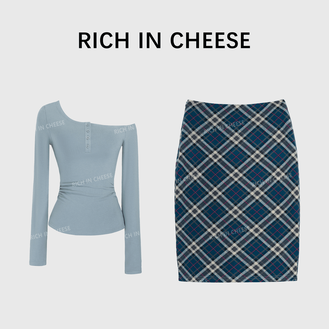 RICH IN CHEESE Plaid Shoulder Slim Set