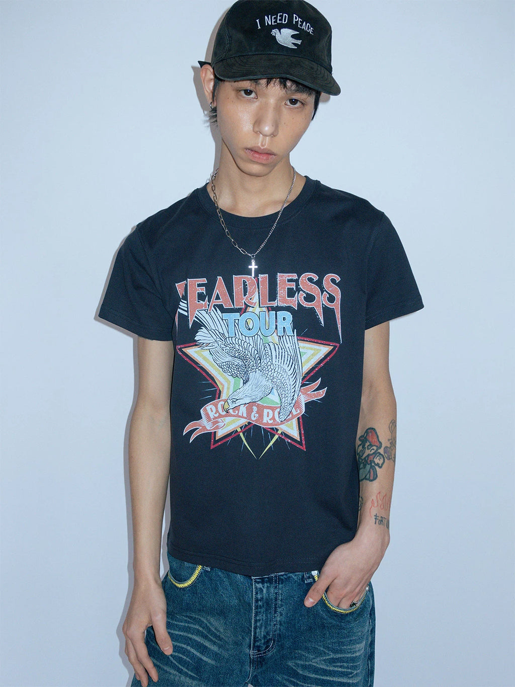 FUNKYFUN Do Old Rock Print Front Shoulder Tee
