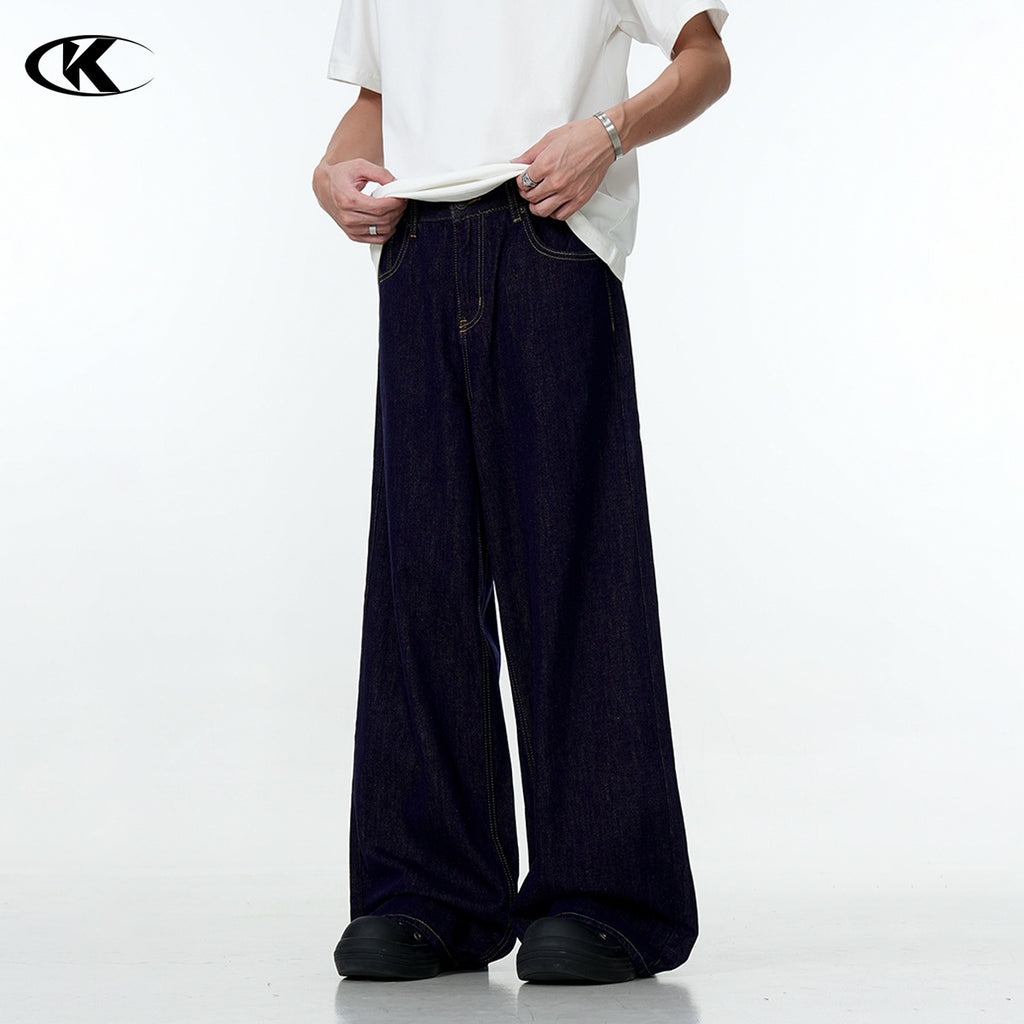 11KN American Simple Retro Blue Straight Basic Loose Wide-leg Cleanfit Pants