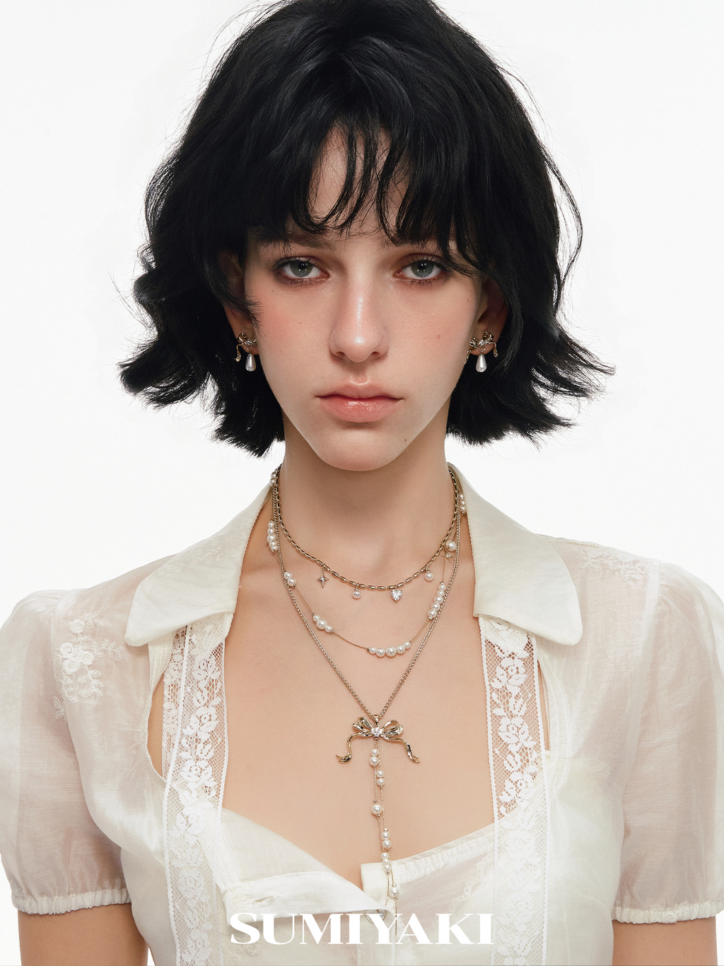 SUMIYAKI Bow Multi-layer Pearl Collarbone Necklace