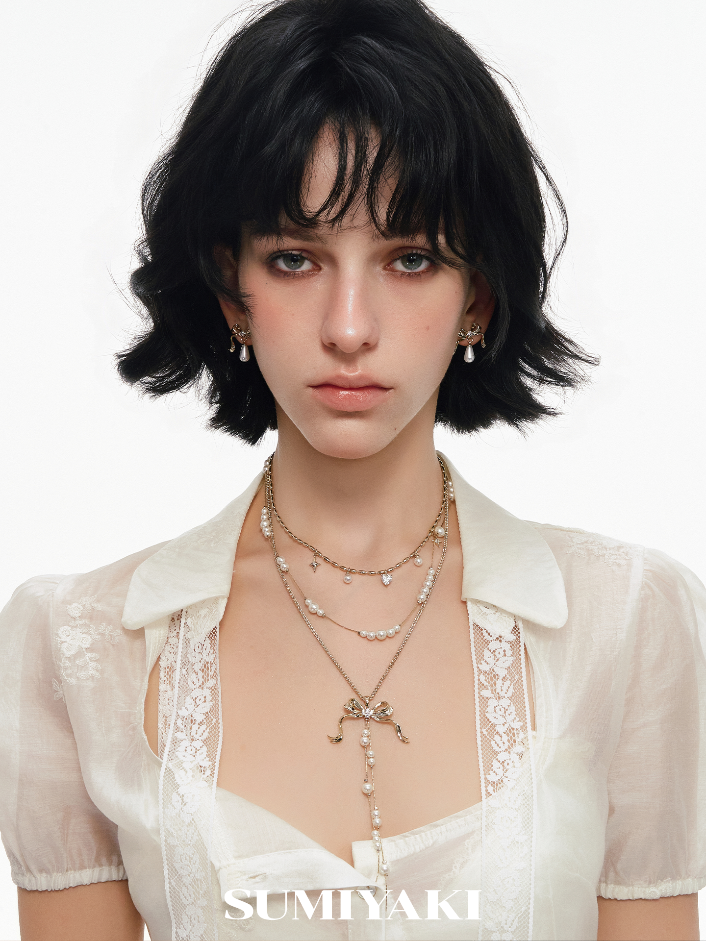 SUMIYAKI Bow Multi-layer Pearl Collarbone Necklace
