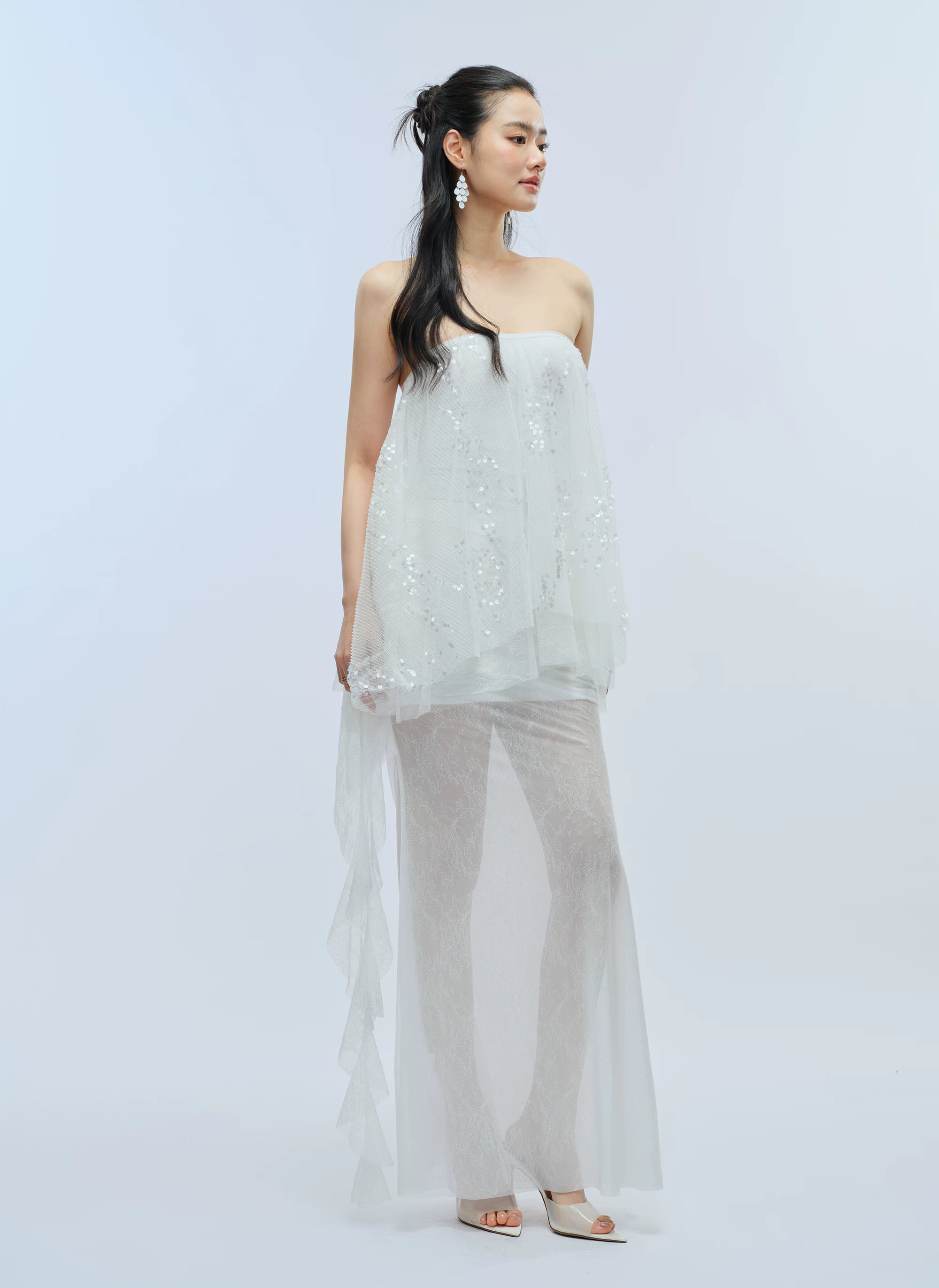 J TheChosen Pleated Sequined Streamer Lace Mesh Skirt Set