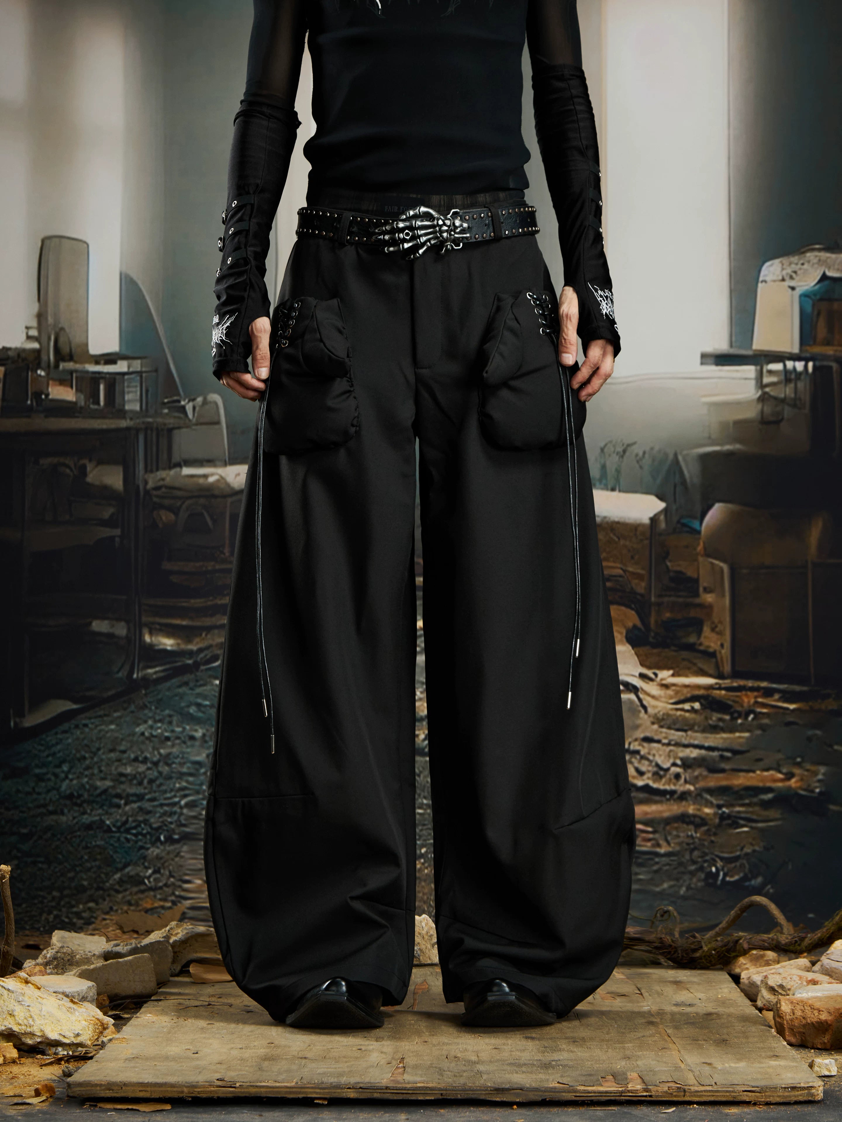 NOMANIAI Fist Gloves Pocket Lazy Vertical Scimitar Pants Trousers