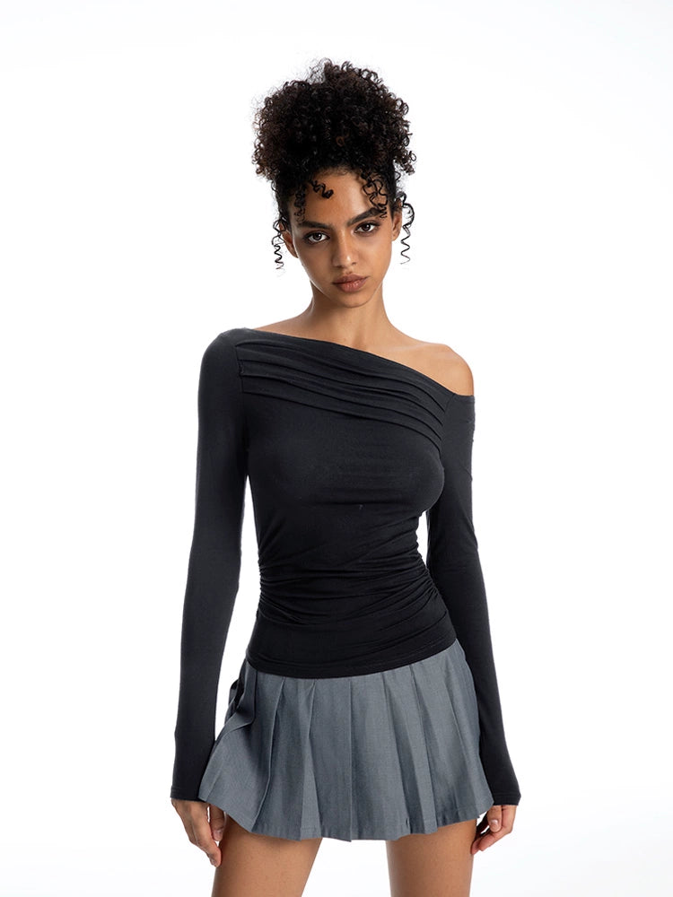 ABMY Pleated Slim Skinny Slash Shoulder Tee