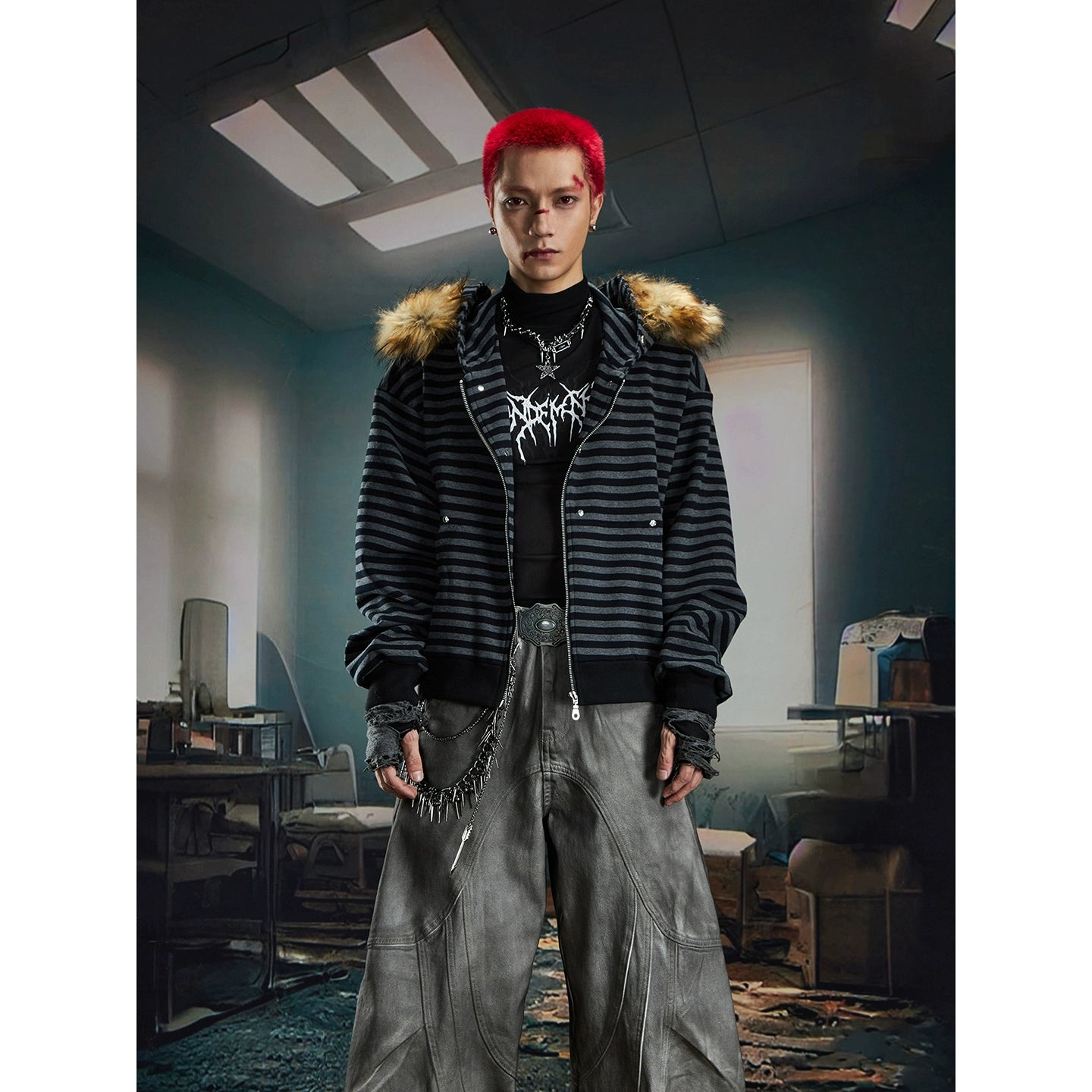 NOMANIAI Hairy Stitching Striped Zipper Hooded Sweater Jacket