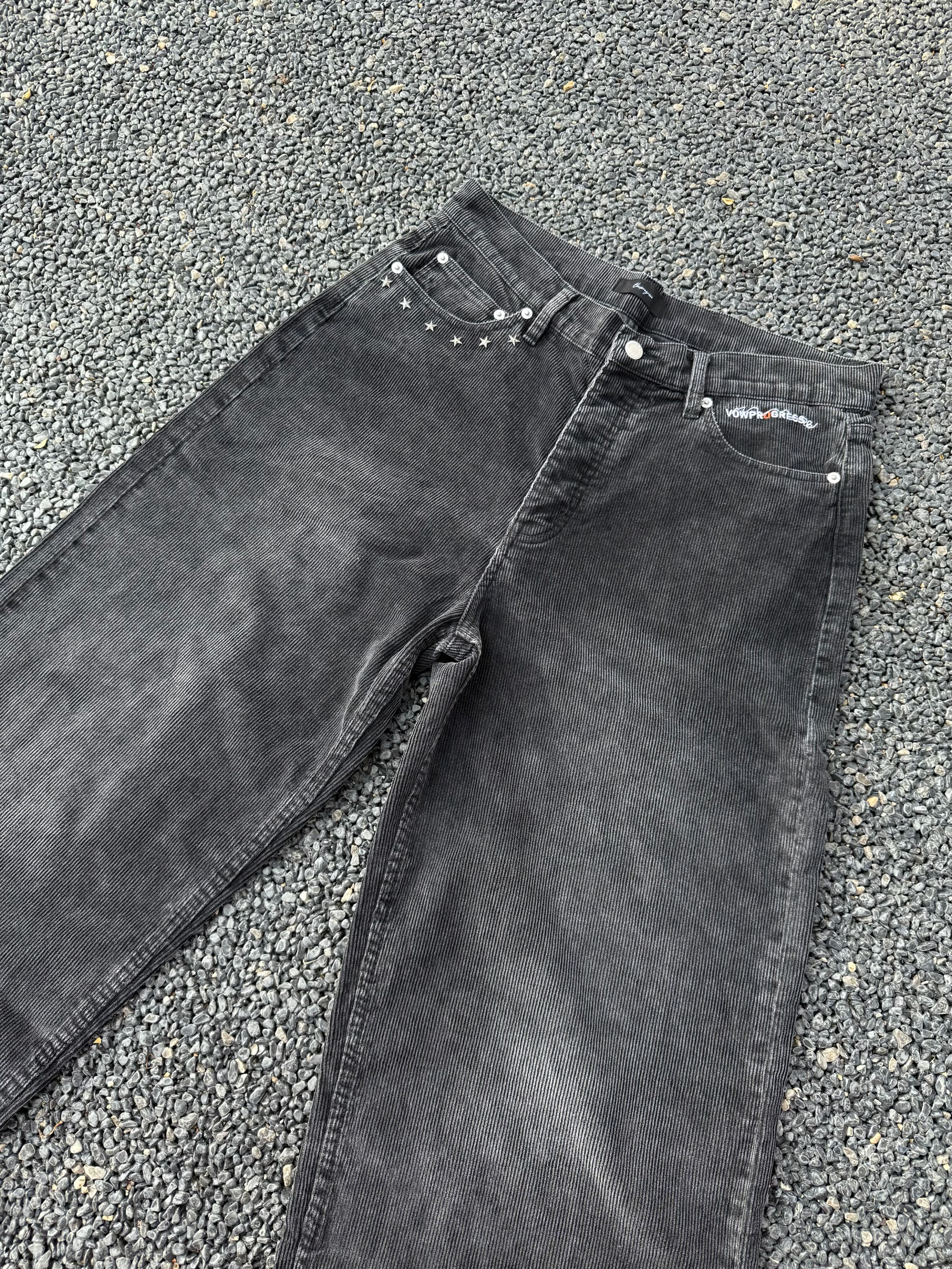 VOWPROGRESS  Corduroy Faded Embroidered Straight Loose Vintage Trousers