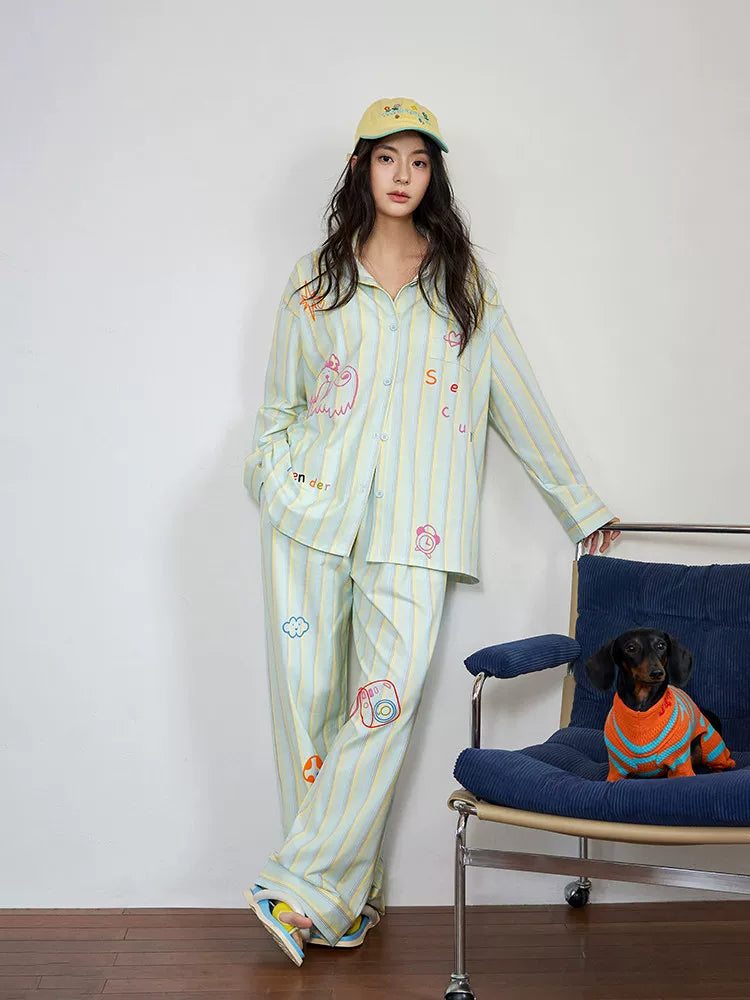 YUENEI Striped Dopamine Cardigan Pajamas