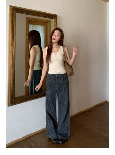 KANO Leopard Straight Wide Leg Jeans