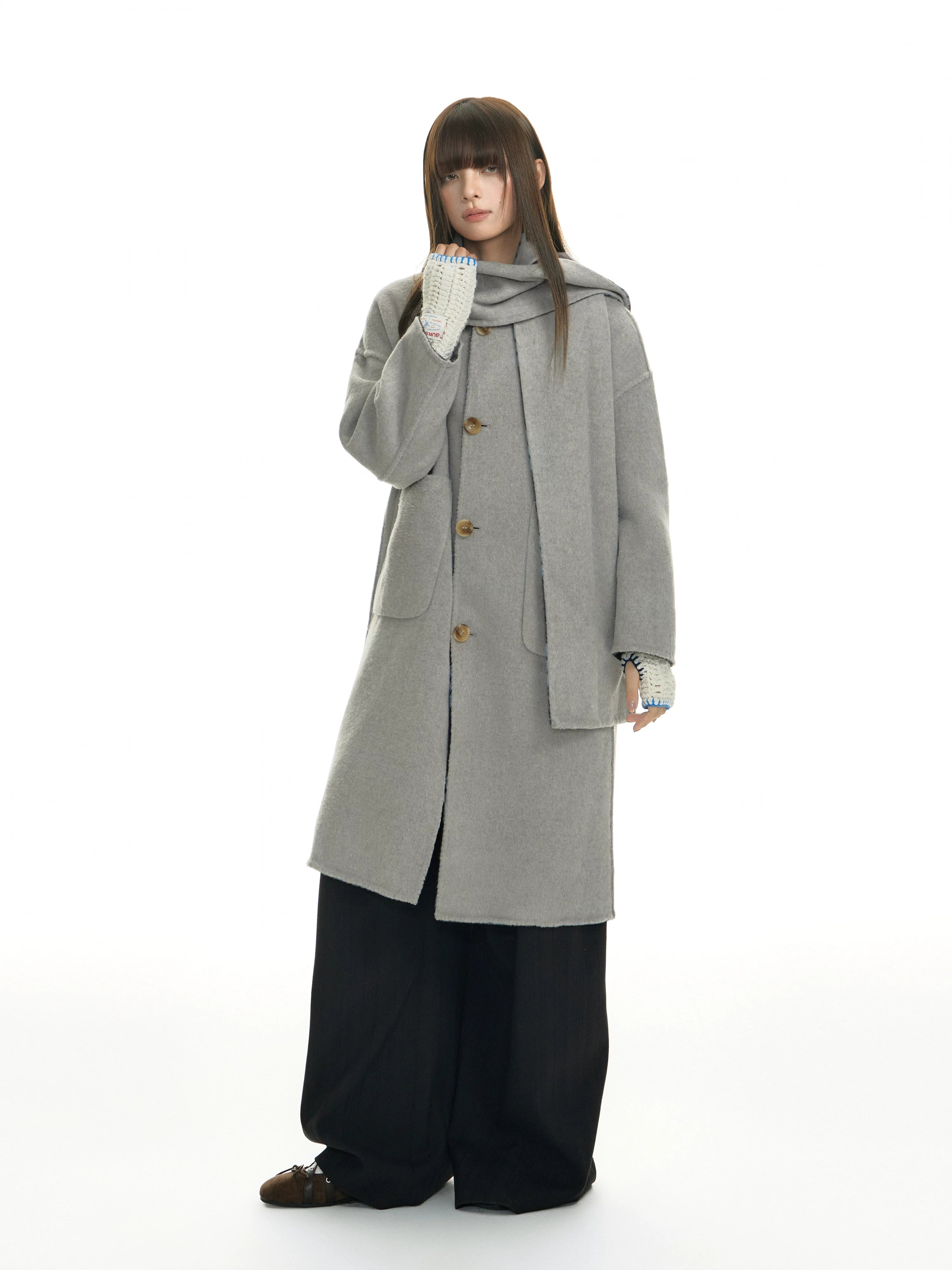 TGNS Plaid Scarf Double-sided Tweed Coat