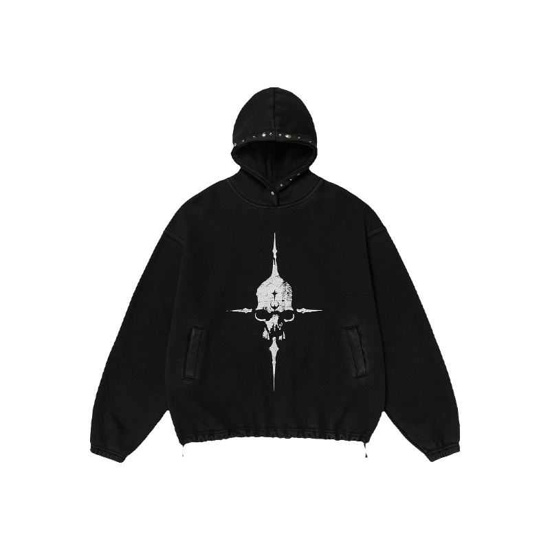 KONOOT Skull Print Washed Rivet Hooded Sweater
