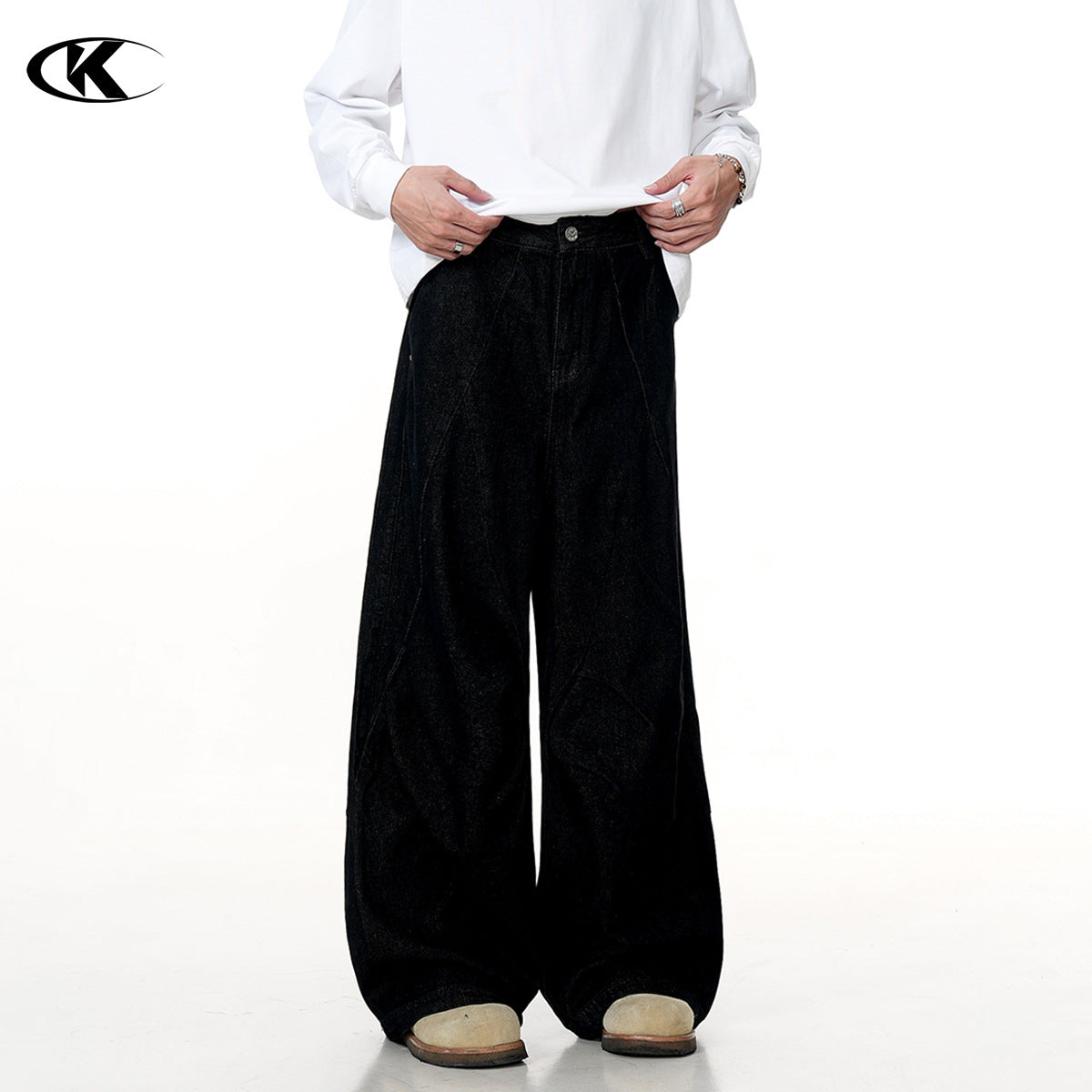 11KN washed pleated black straight jeans