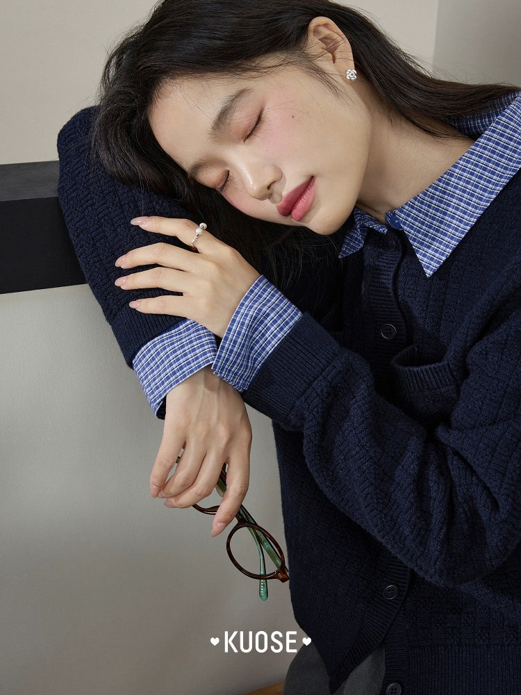 Kuose Fake Two Plaid Knitted Sweater Jacket