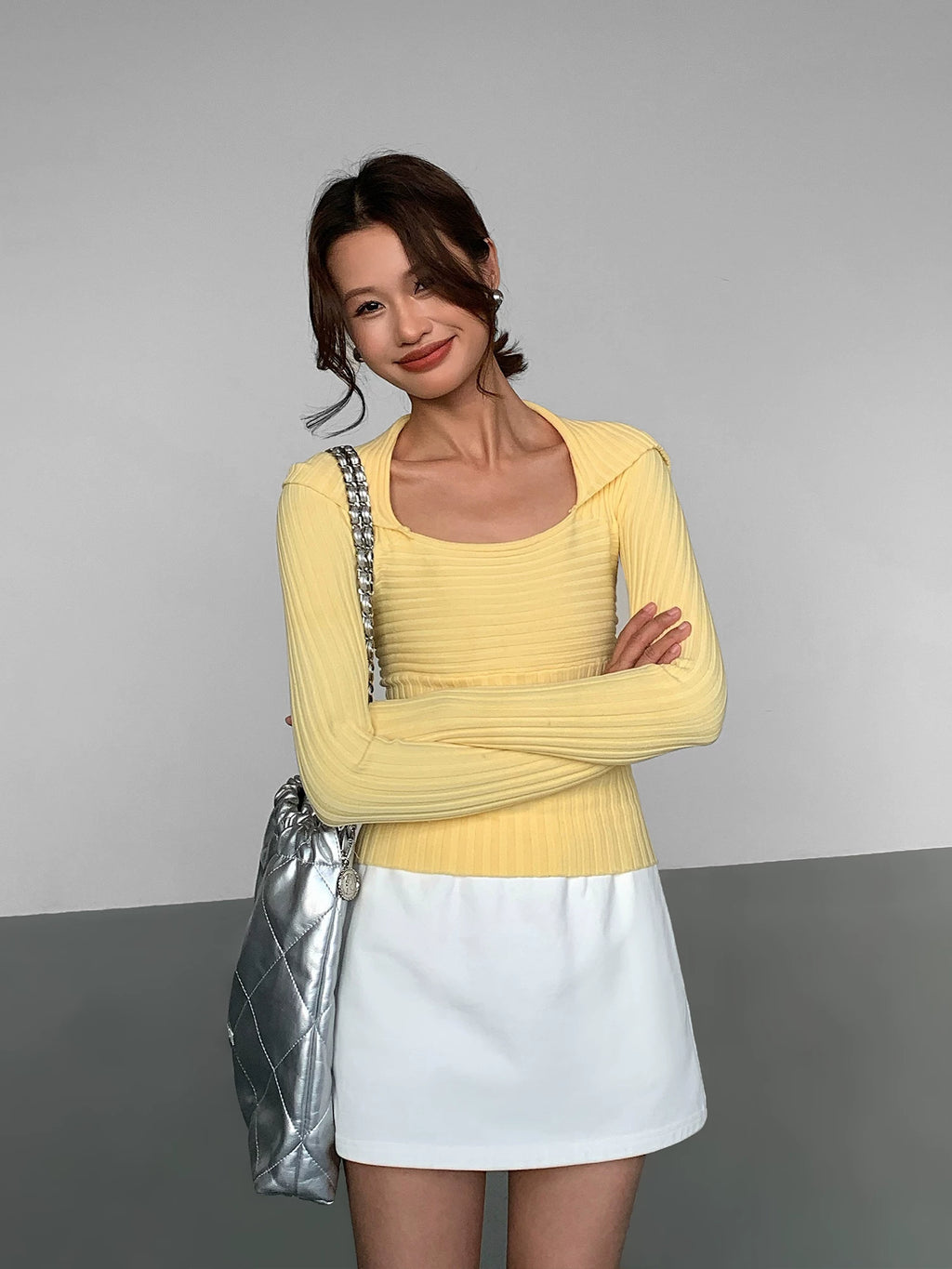 OUSPH Lapel Slim Knit Long Sleeves