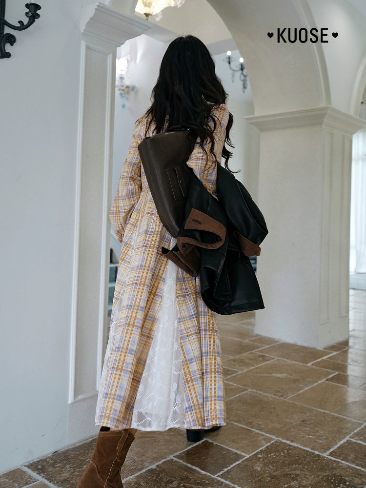 Kuose Temperament Lace Plaid Square Neck Long Sleeve Cinched Waist Dress