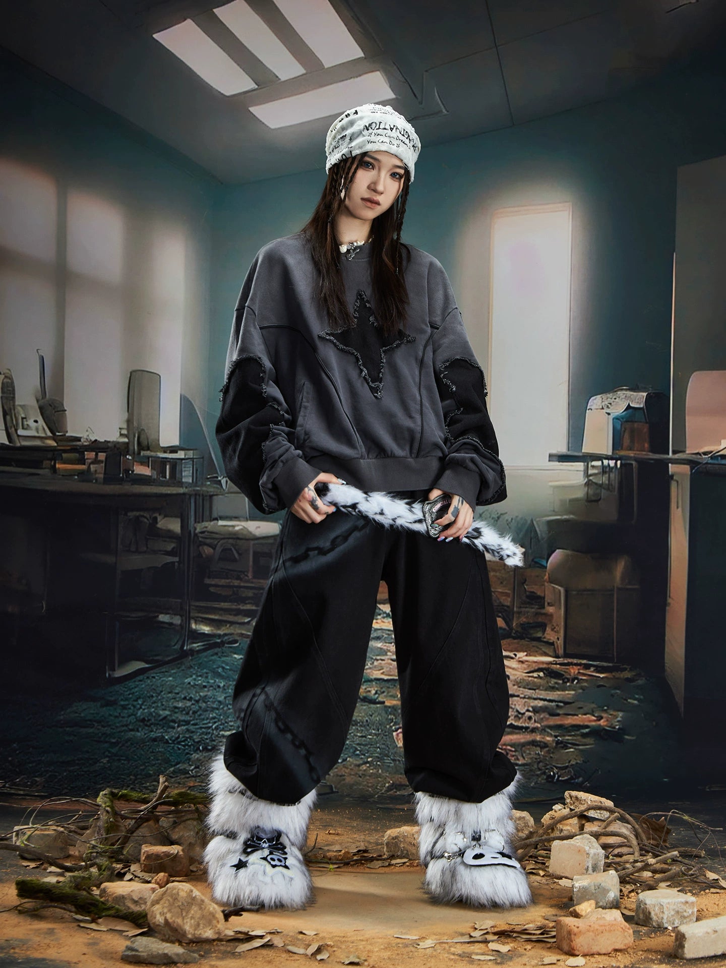 NOMANIAI Inkjet Graffiti Wide-leg Scimitar Jeans