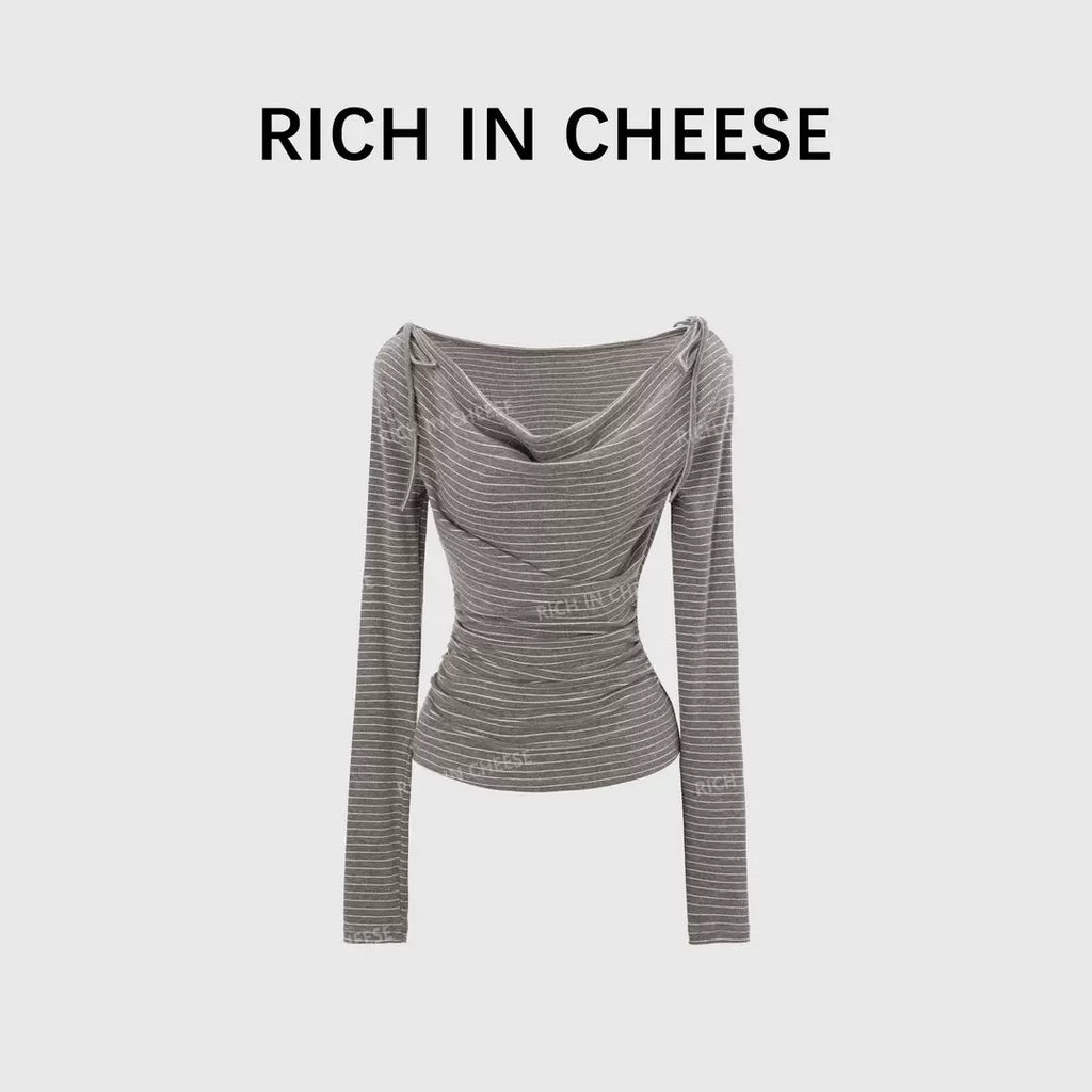 RICH IN CHEESE Striped Bow Knitted Long Sleeve