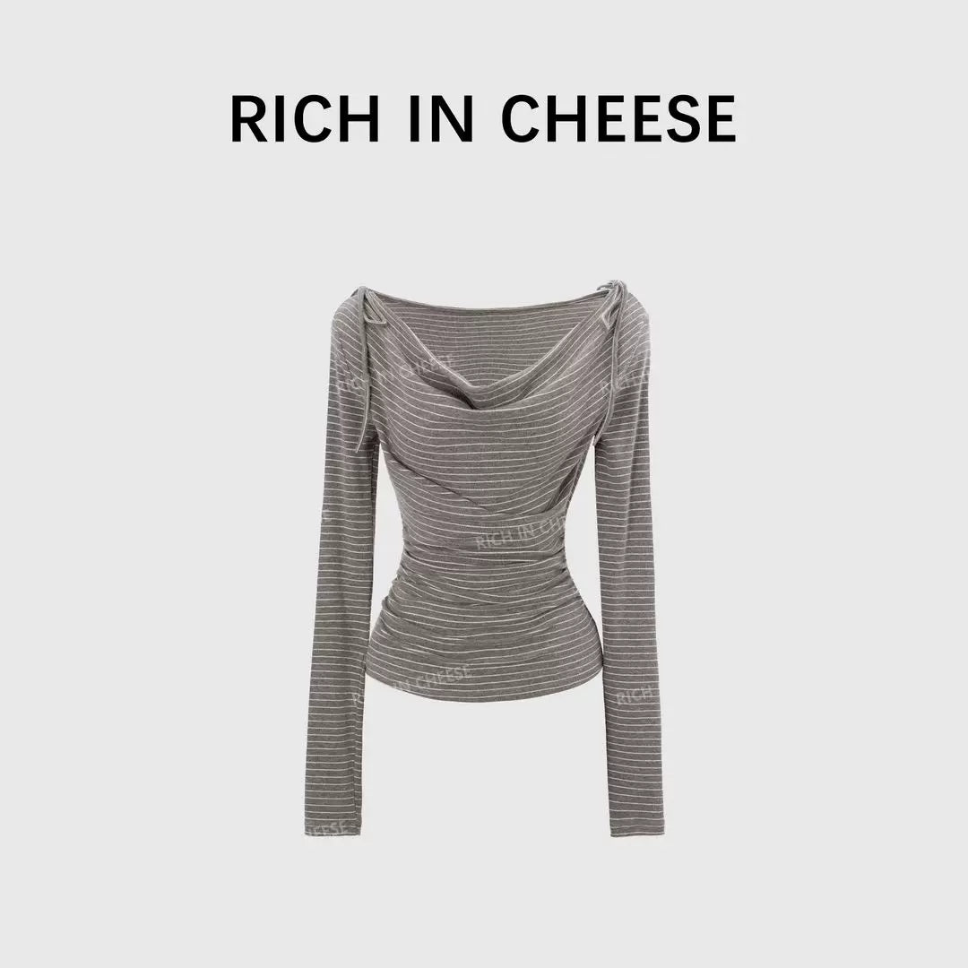 RICH IN CHEESE Striped Bow Knitted Long Sleeve