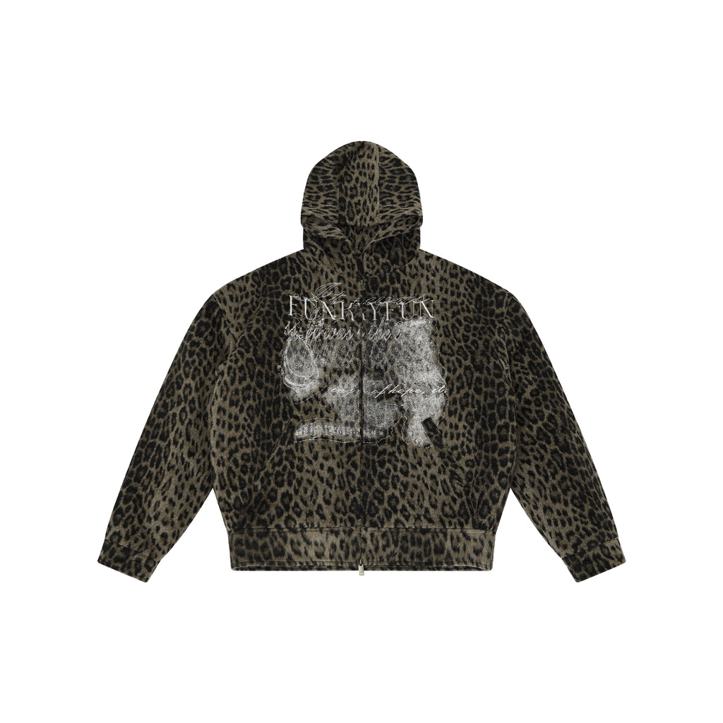 FUNKYFUN dark leopard print old print padded cotton thickened cotton clothes hooded sweater jacket