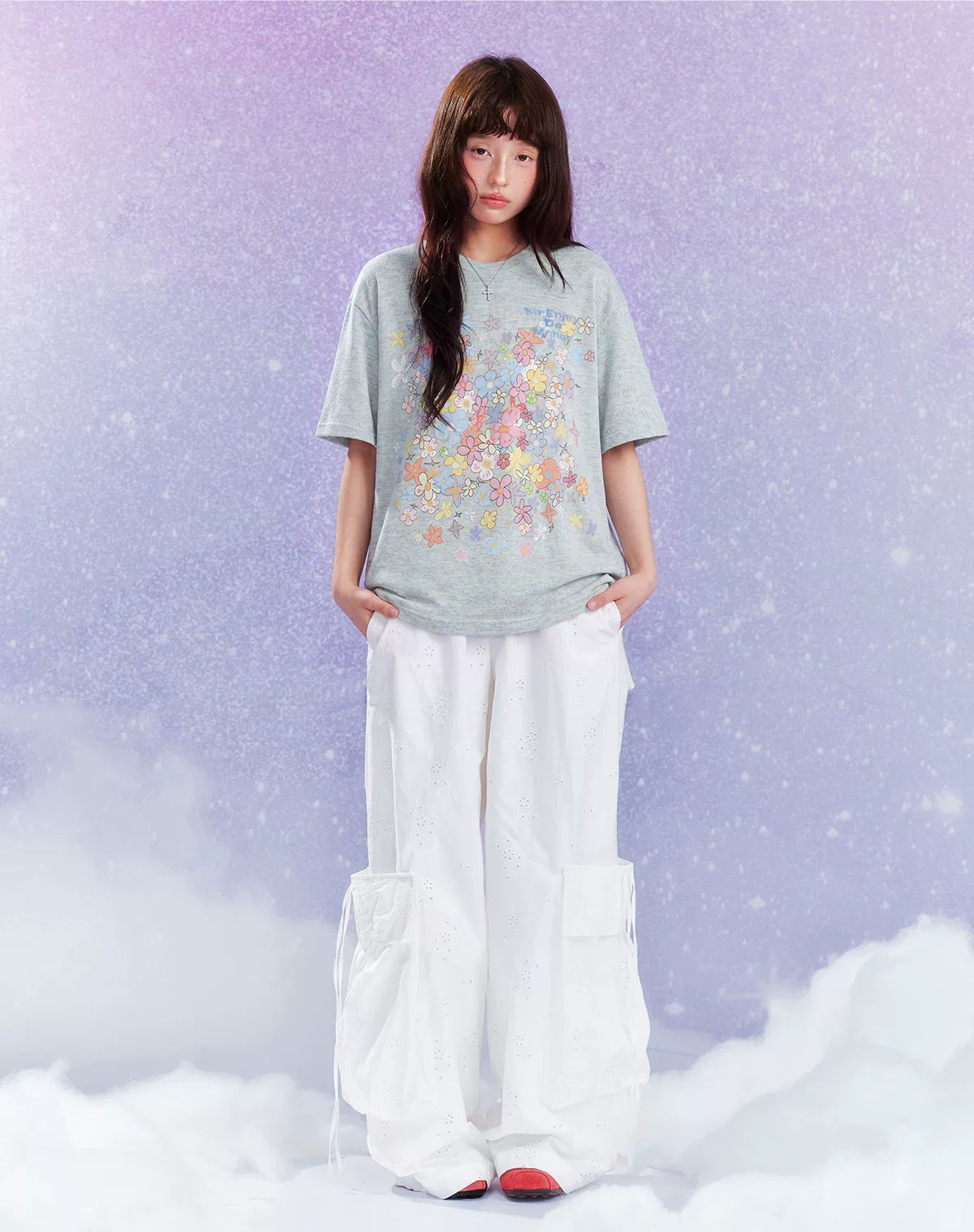 MEDM Flower Print Color Yarn Casual Loose Tee