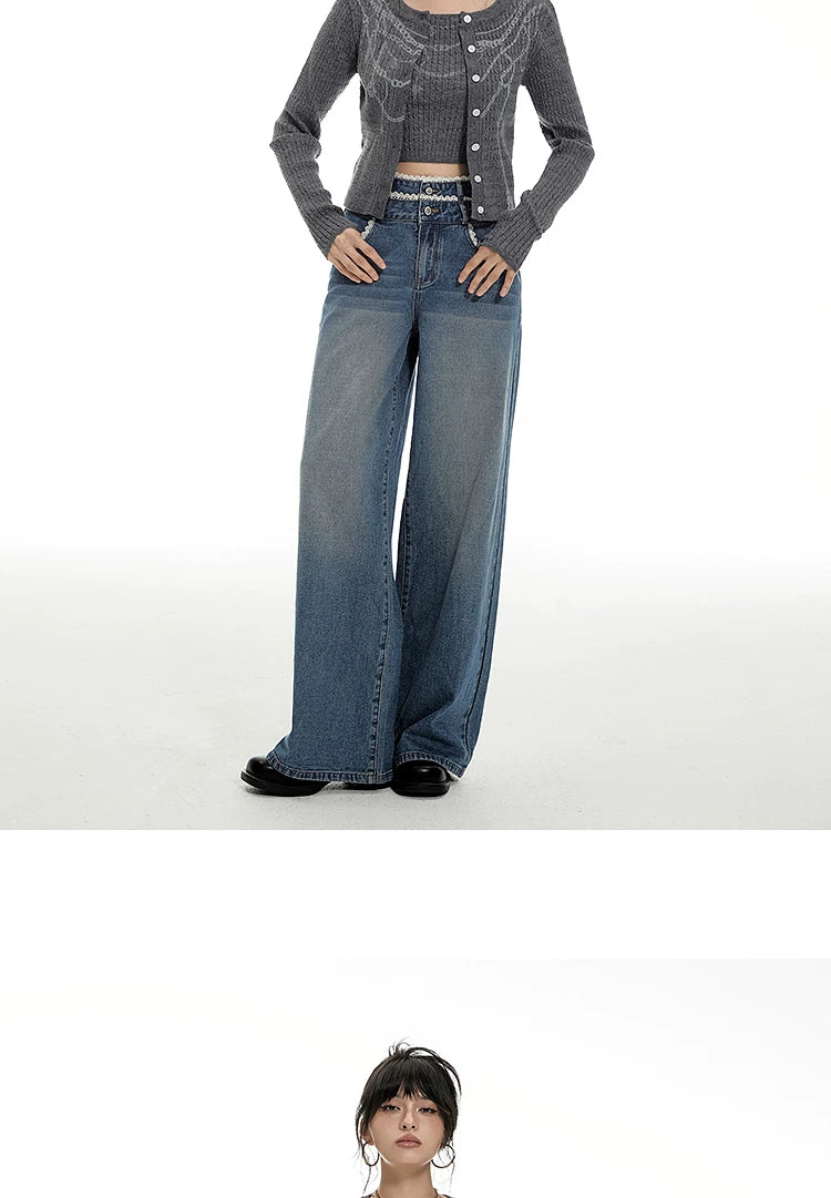 Imone Vintage Lace Double Waist Straight Wide Leg Pants Jeans