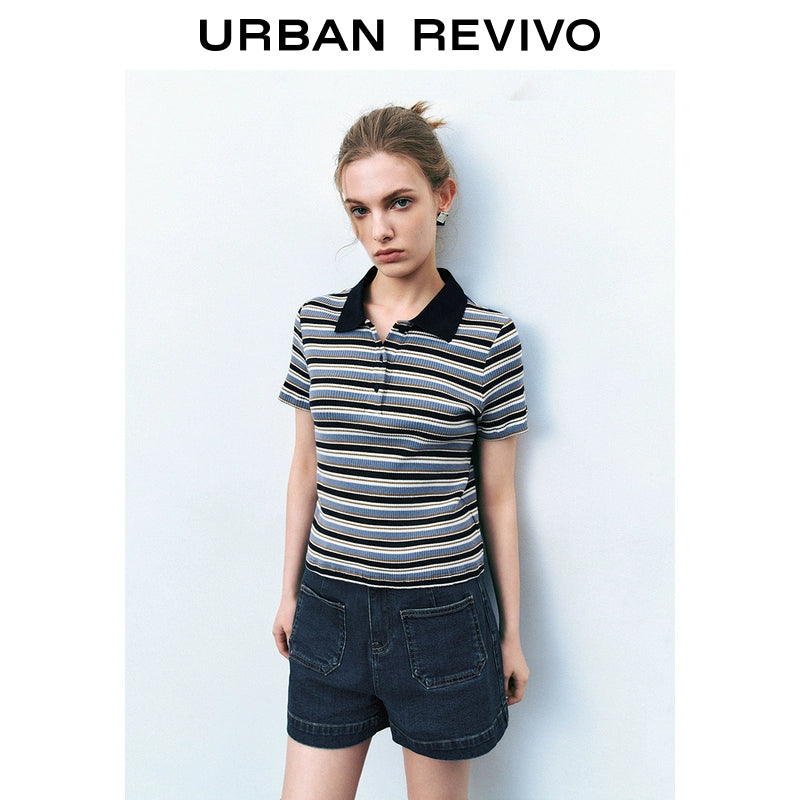 URBAN REVIVO College Color Contrasting Striped T-shirt Polo Shirt