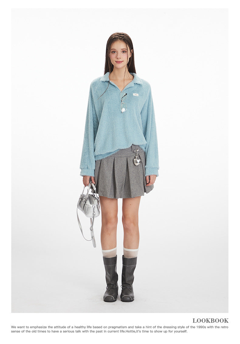 Nariele Soft Waxy Hairy V-Neck Long Sleeve Sweater