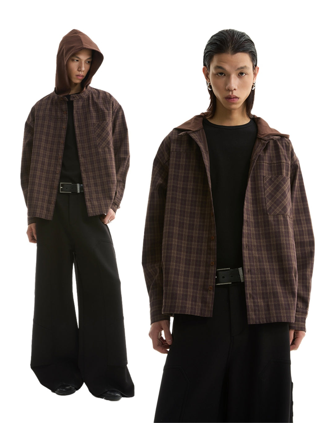 FUNKYFUN Plaid Fake Two-piece Hooded Shirt Jacket