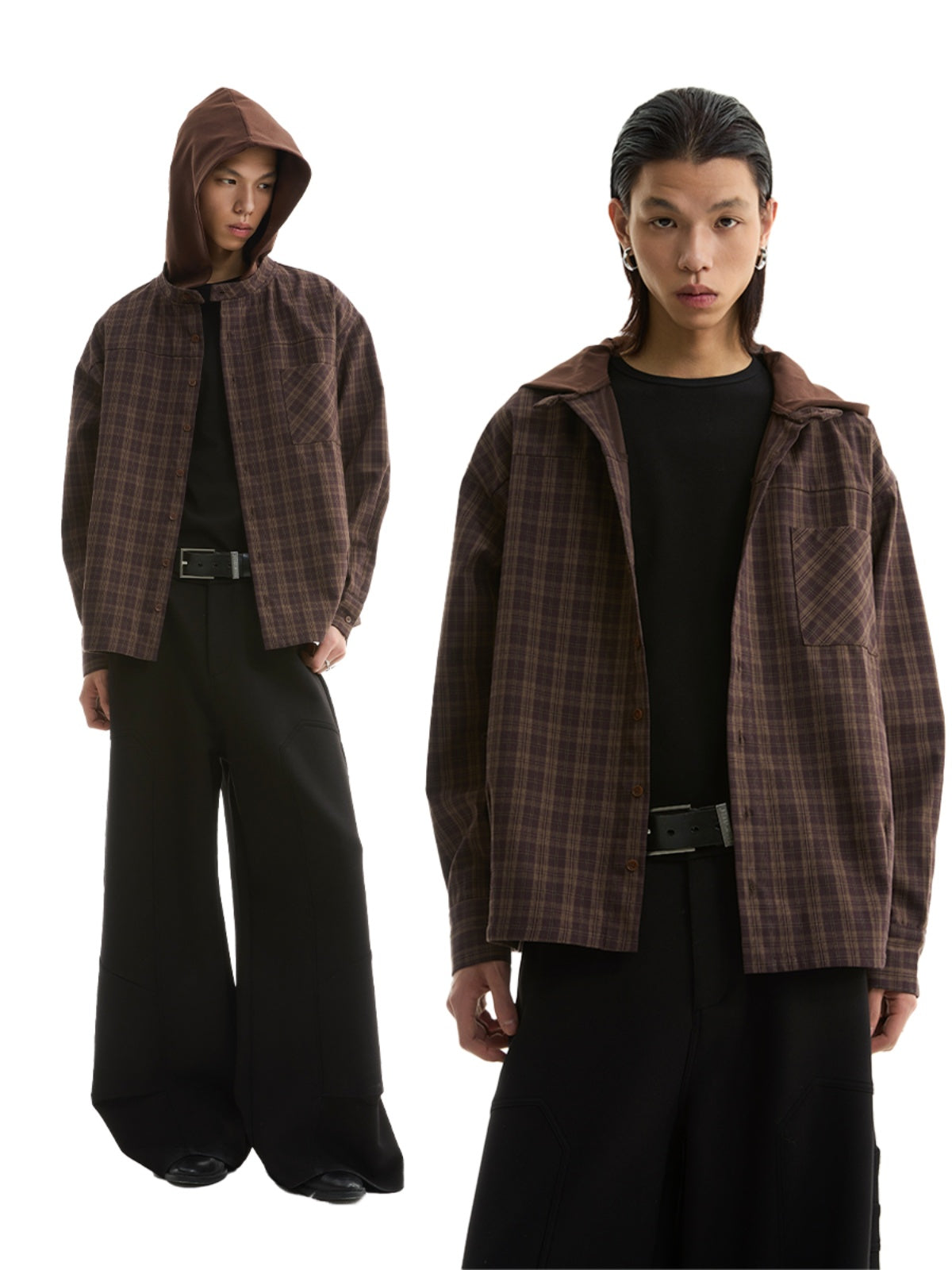 FUNKYFUN Plaid Fake Two-piece Hooded Shirt Jacket