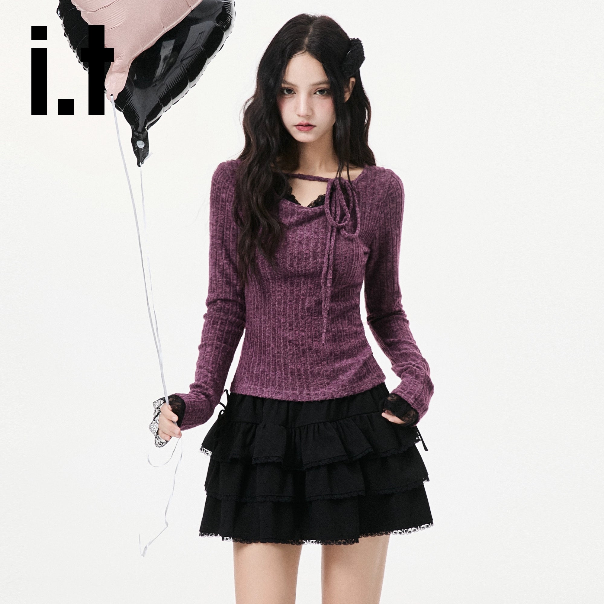 IT: CHOCOOLATE Lace Stitched Horn-sleeved Wool Knitted Sweater