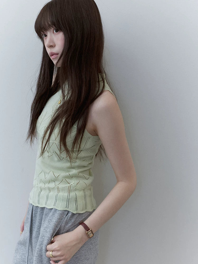 VOOE Crew Neck Hollow Jacquard Knitted Skinny Vest