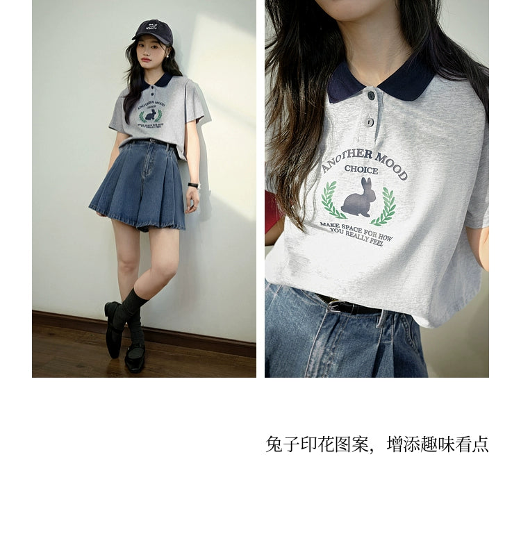 Kuose Rabbit Print Polo Collar Short Tee