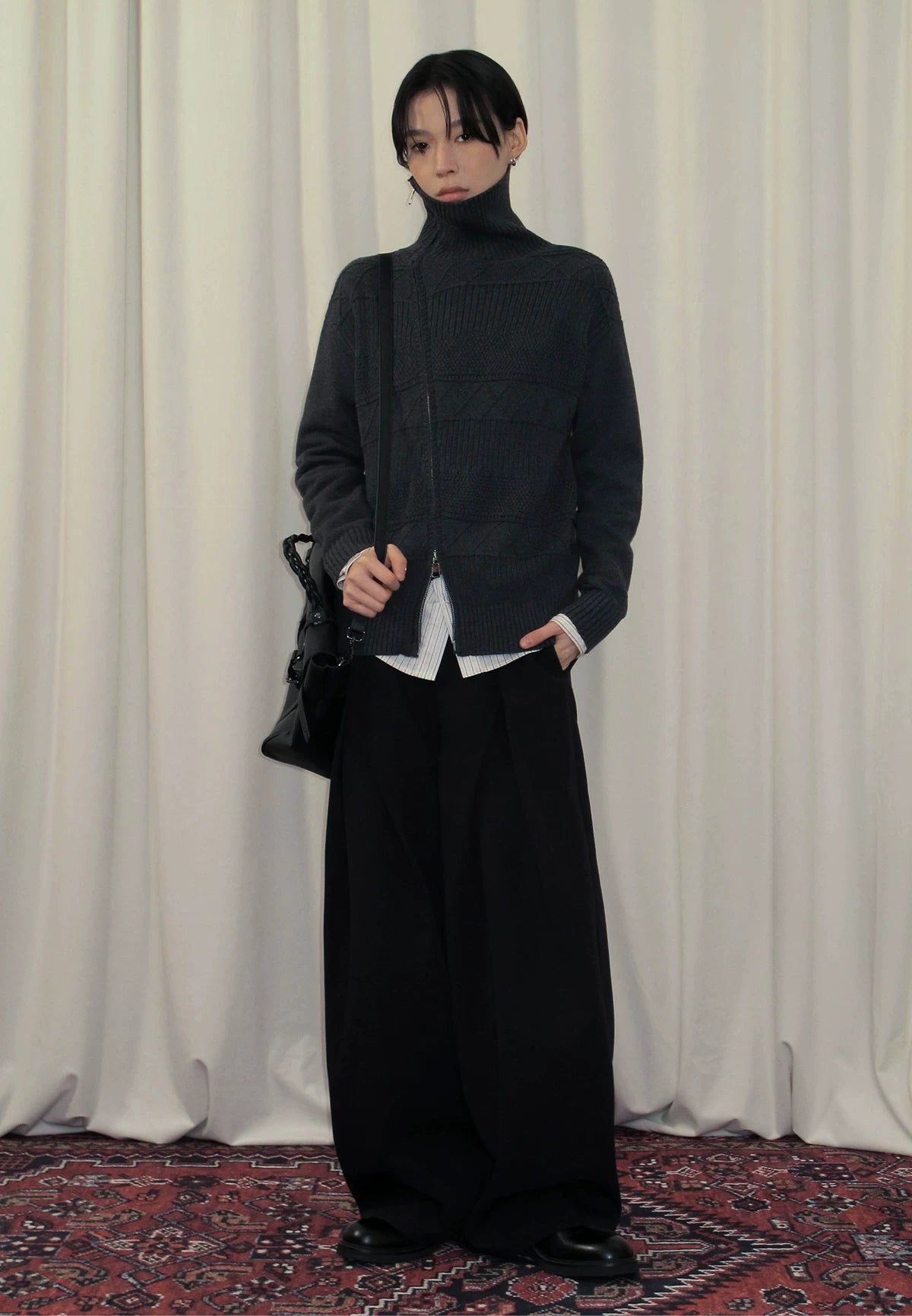 Sameuoo Slanted Placket Turtleneck Knitted Cardigan