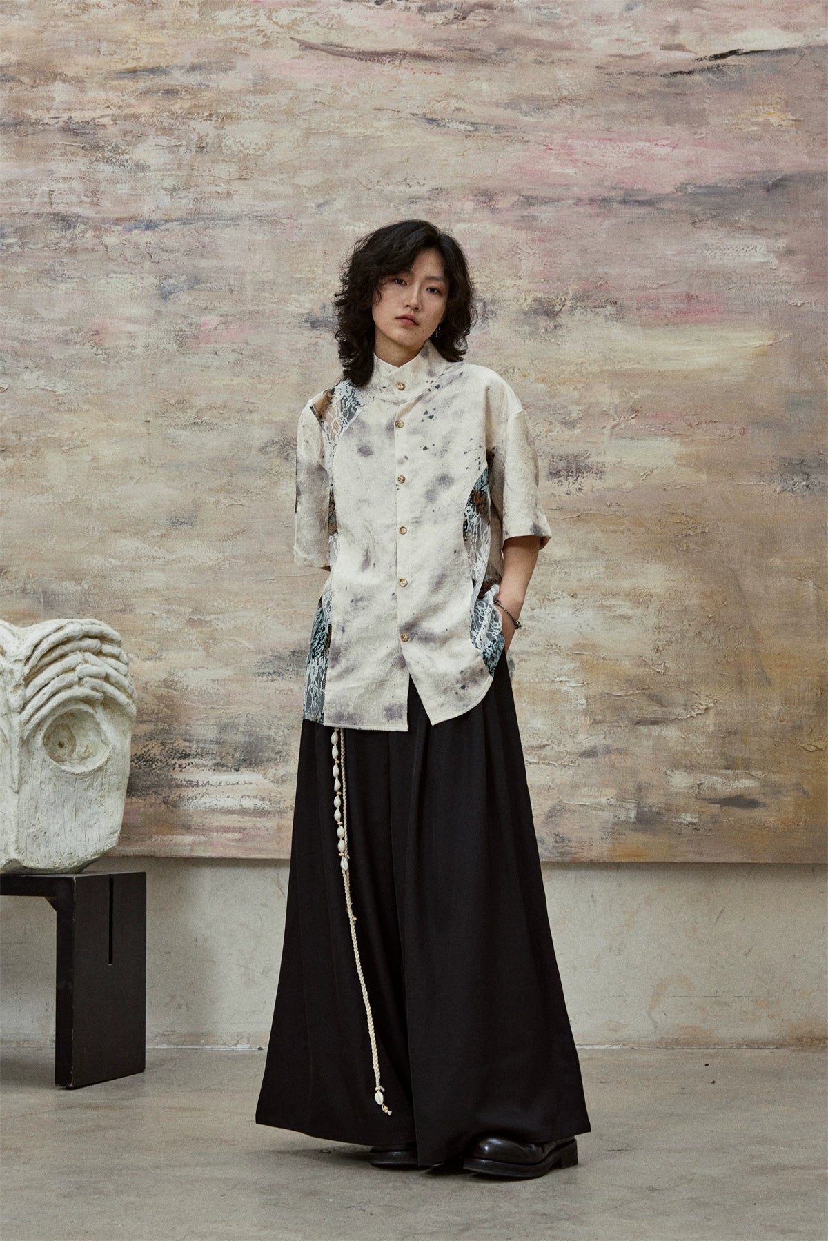 SUNYVONNE Ink Splashing Lace Stitching Retro Shirt