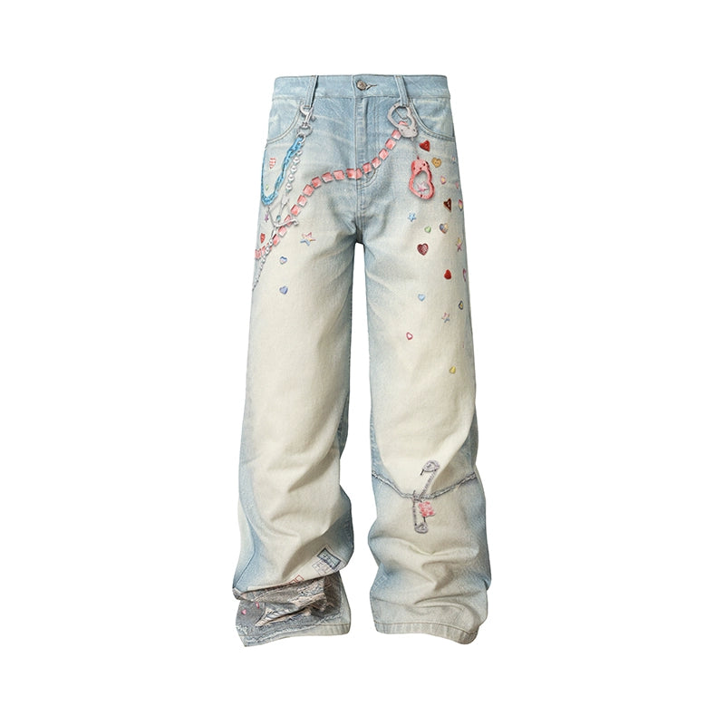 YADcrew Stream Sticker Print Pants Versatile Casual Jeans
