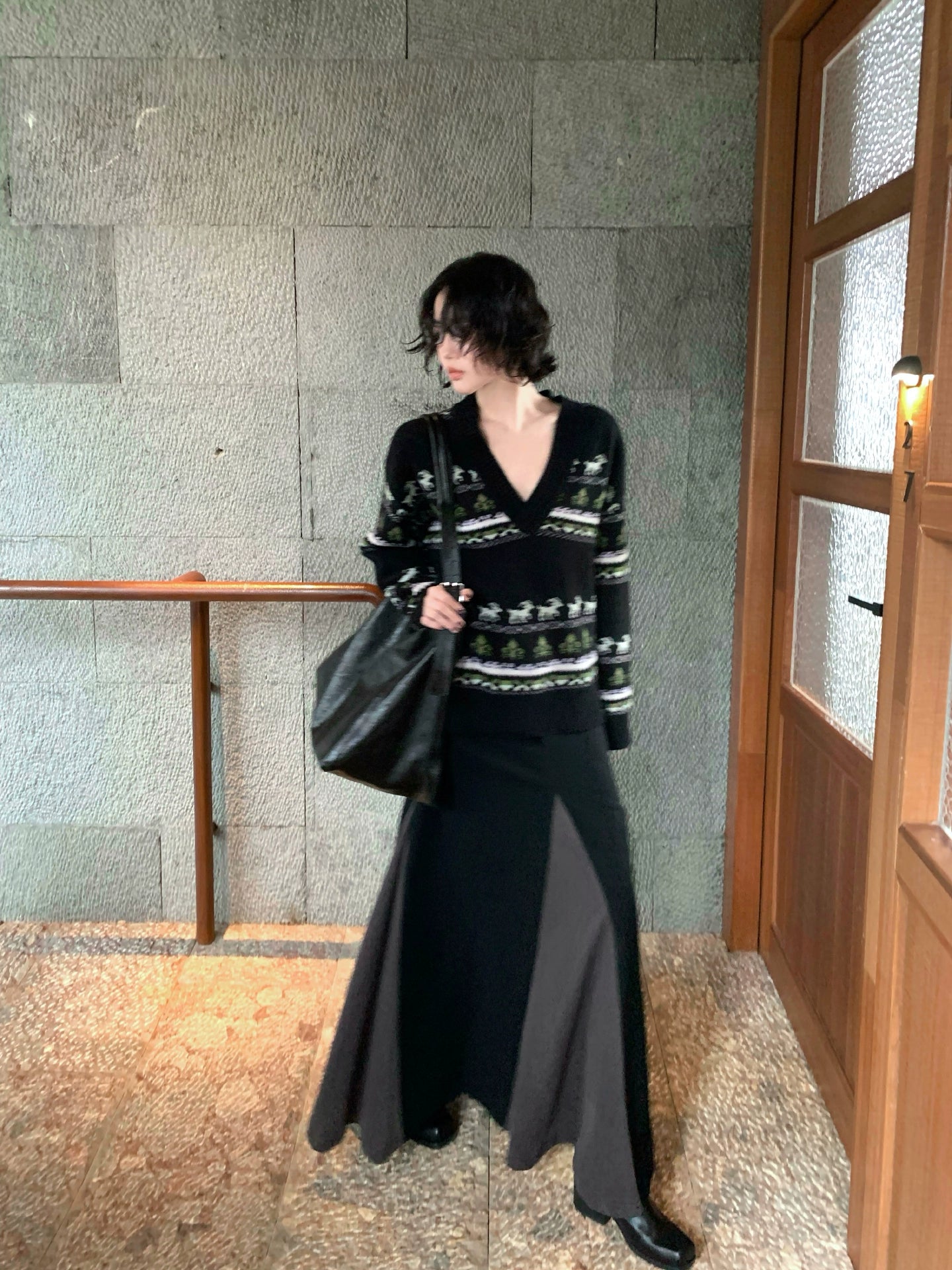 KELIFAN Retro High-waisted Woolen Splicing Big Swing Skirt