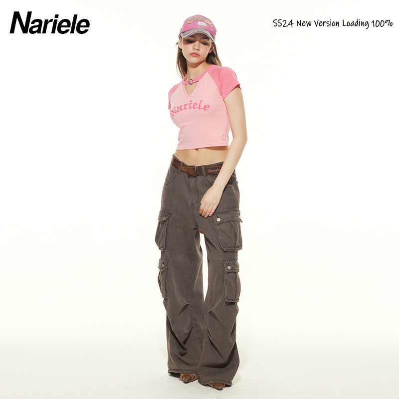 Nariele Hollow Letter Print Contrasting Tee