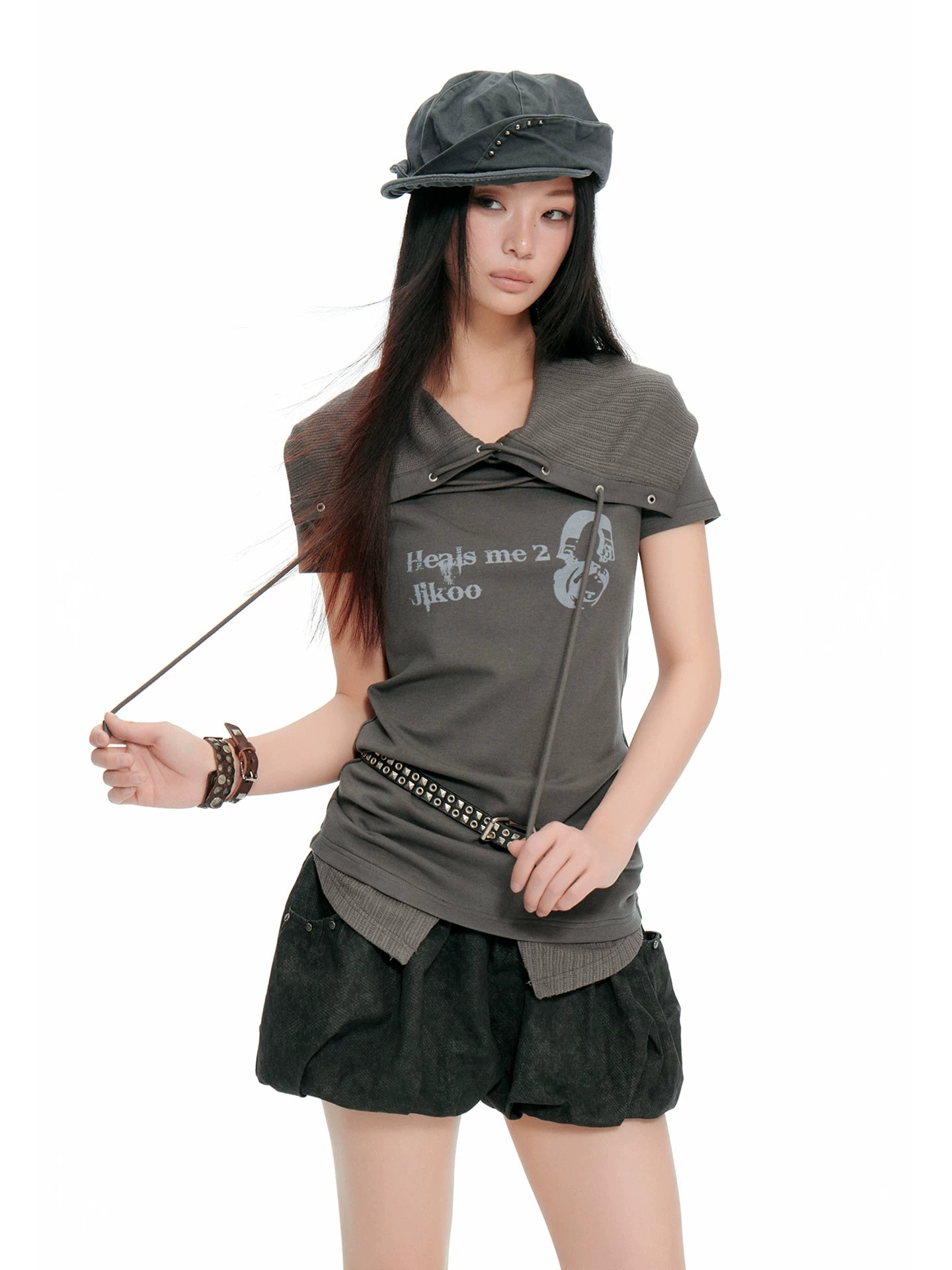 JIKOO Asymmetric Lapel Printed Tee