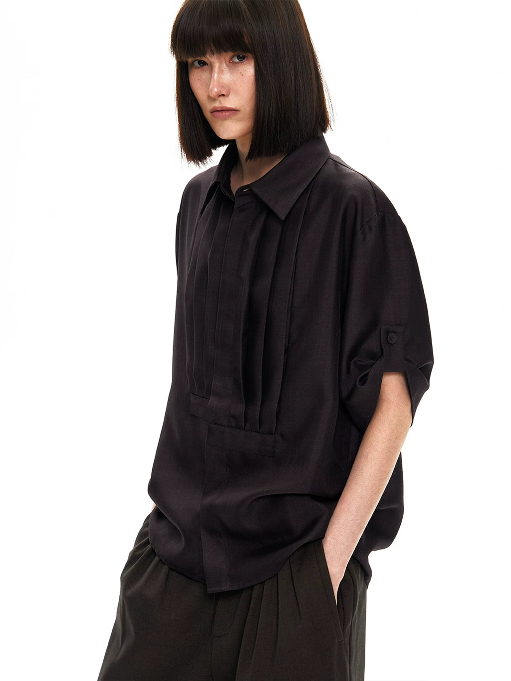 Slight Vogue Lapel Loose Large Pleated Short Sleeve Shirt