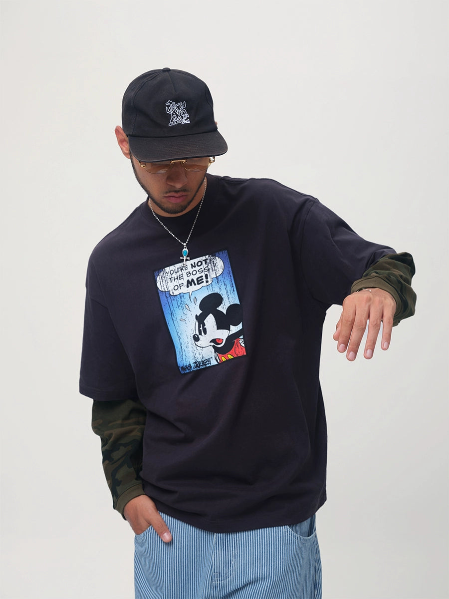 ComicTree Camouflage Fake Two Piece Cartoon Mickey Crew Neck Long Sleeve