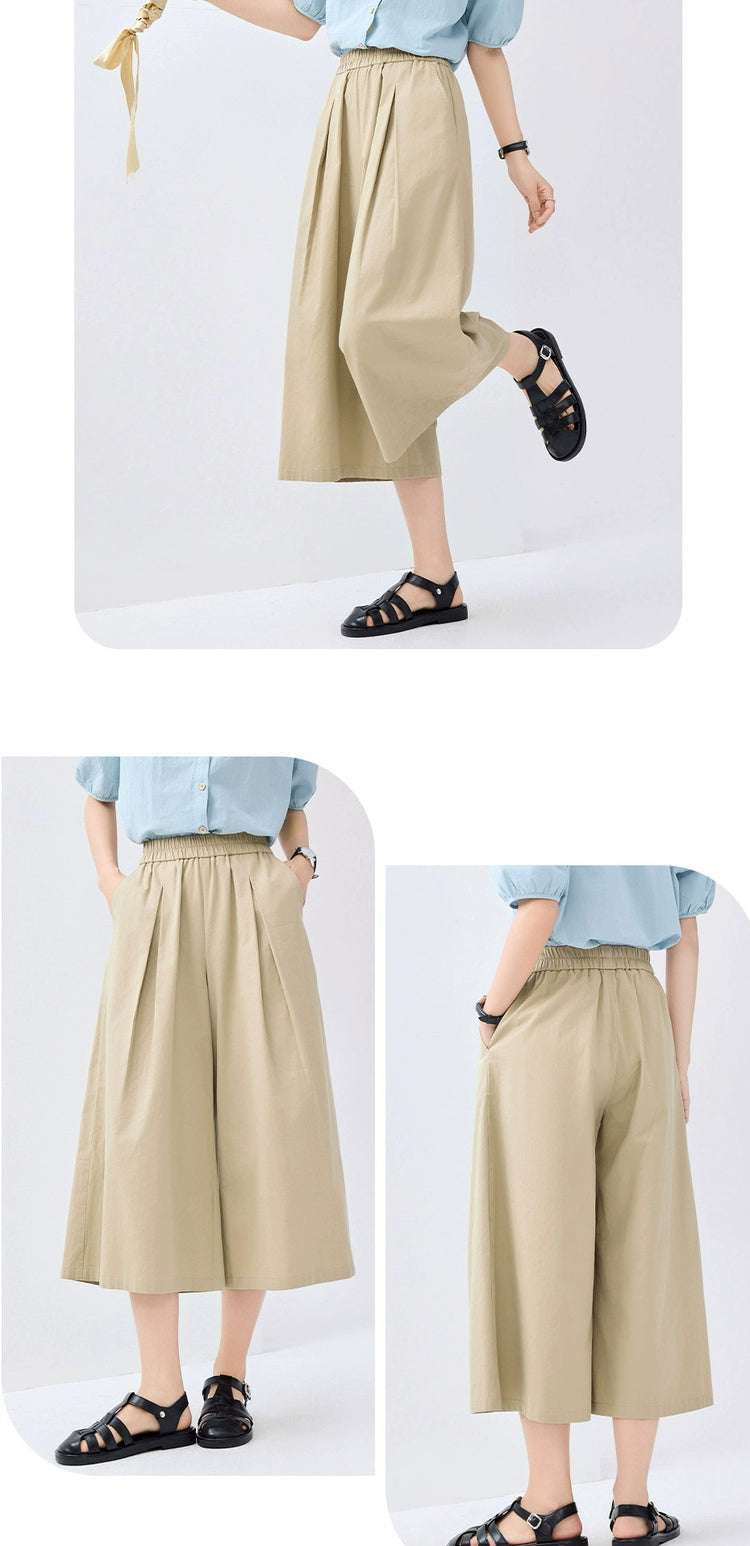 Giordano Pressed Wide-leg Pants with Elastic Waist Cropped Pants