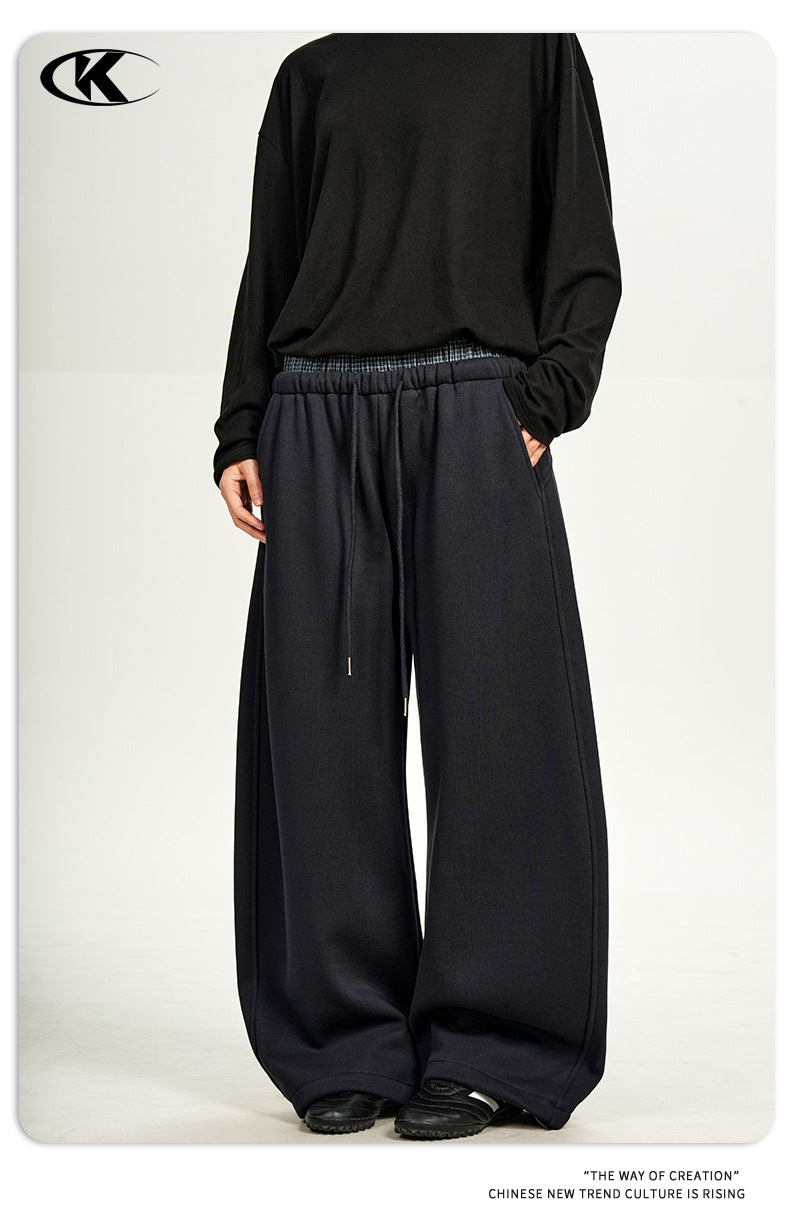 11KN Retro Fake Two-piece Double Waist Straight Loose Casual Pants