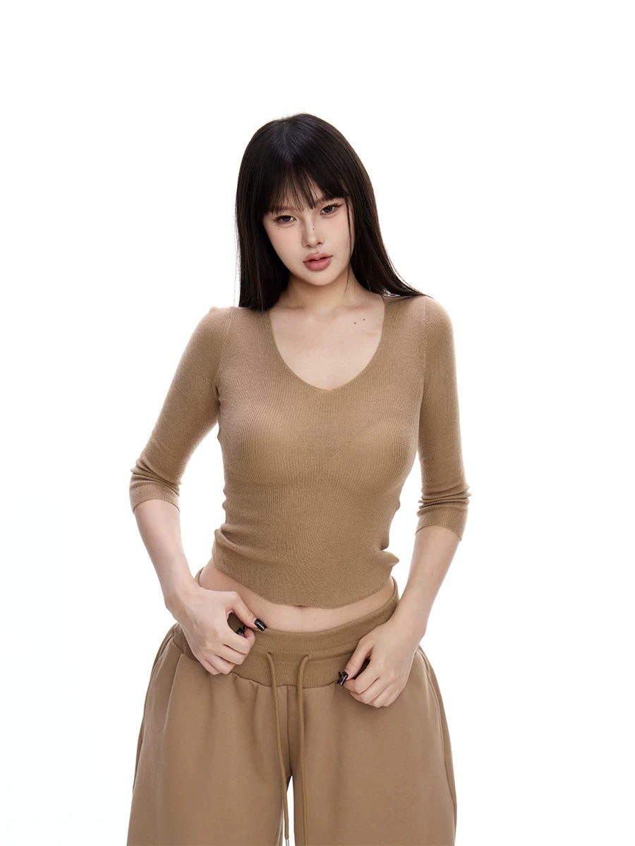 WITHMIN V-neck Knitted Front Shoulder Waist Tee